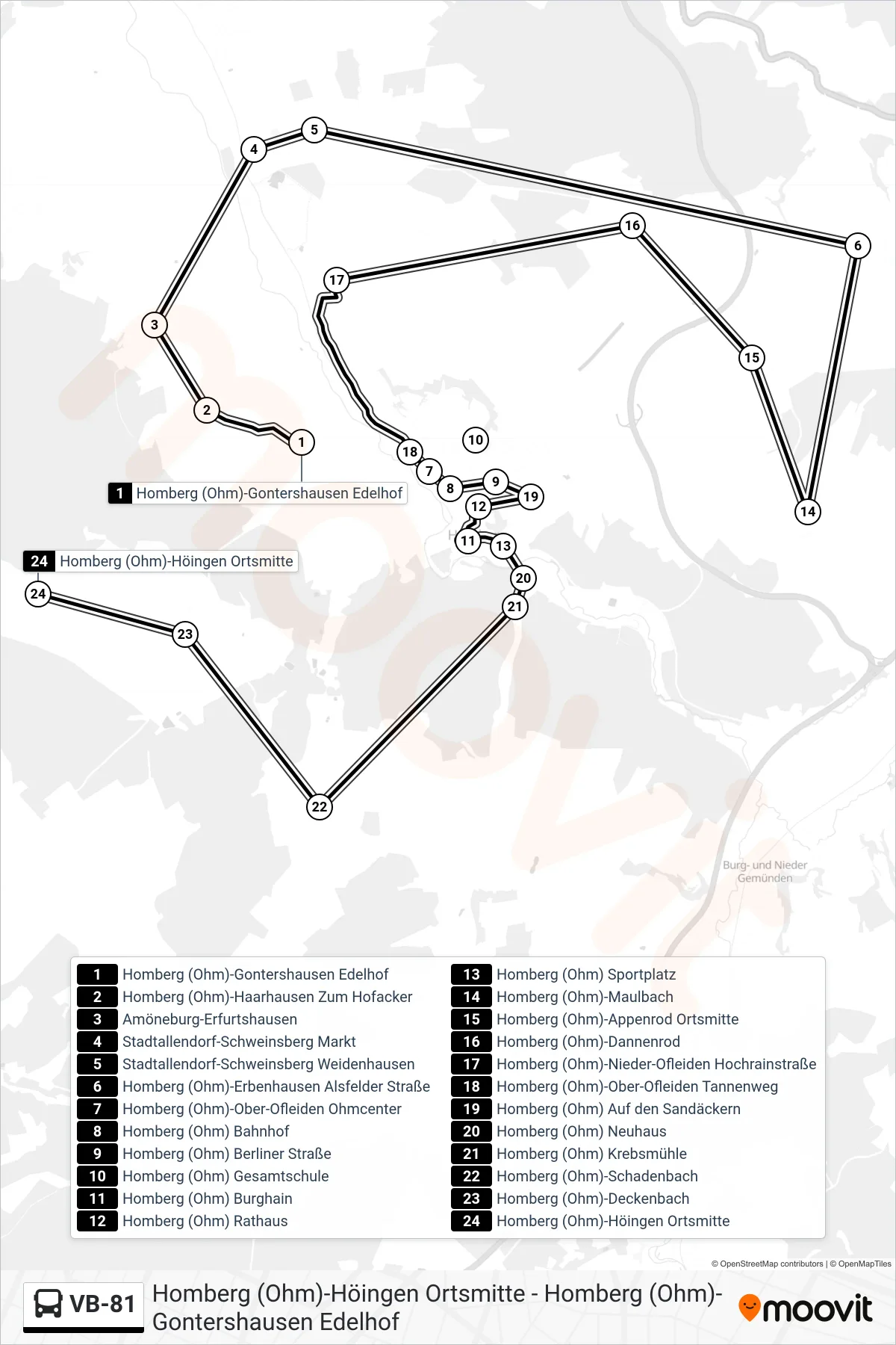 VB-81 bus Line (Homberg (Ohm)-Höingen Ortsmitte) route and stops on a map