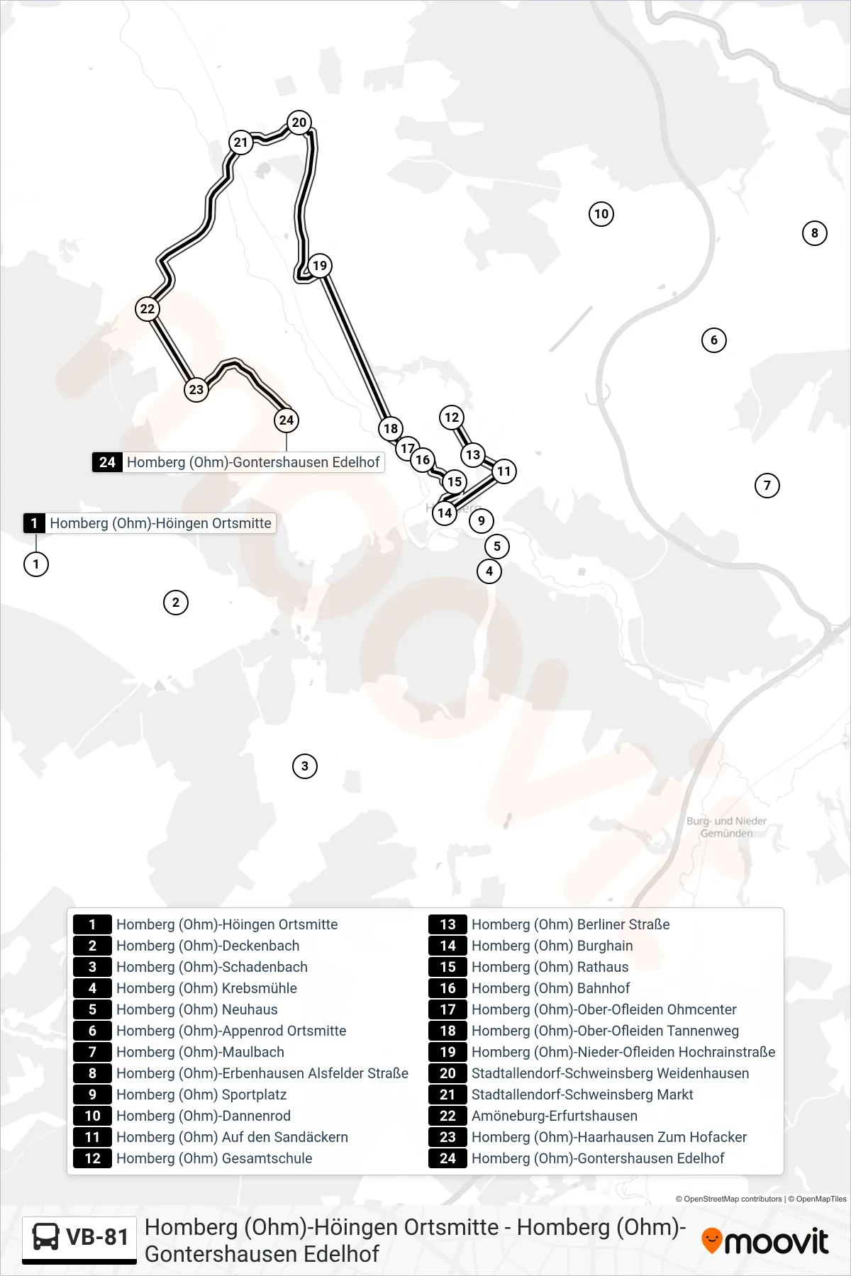 VB-81 bus Line (Homberg (Ohm)-Gontershausen Edelhof) route and stops on a map