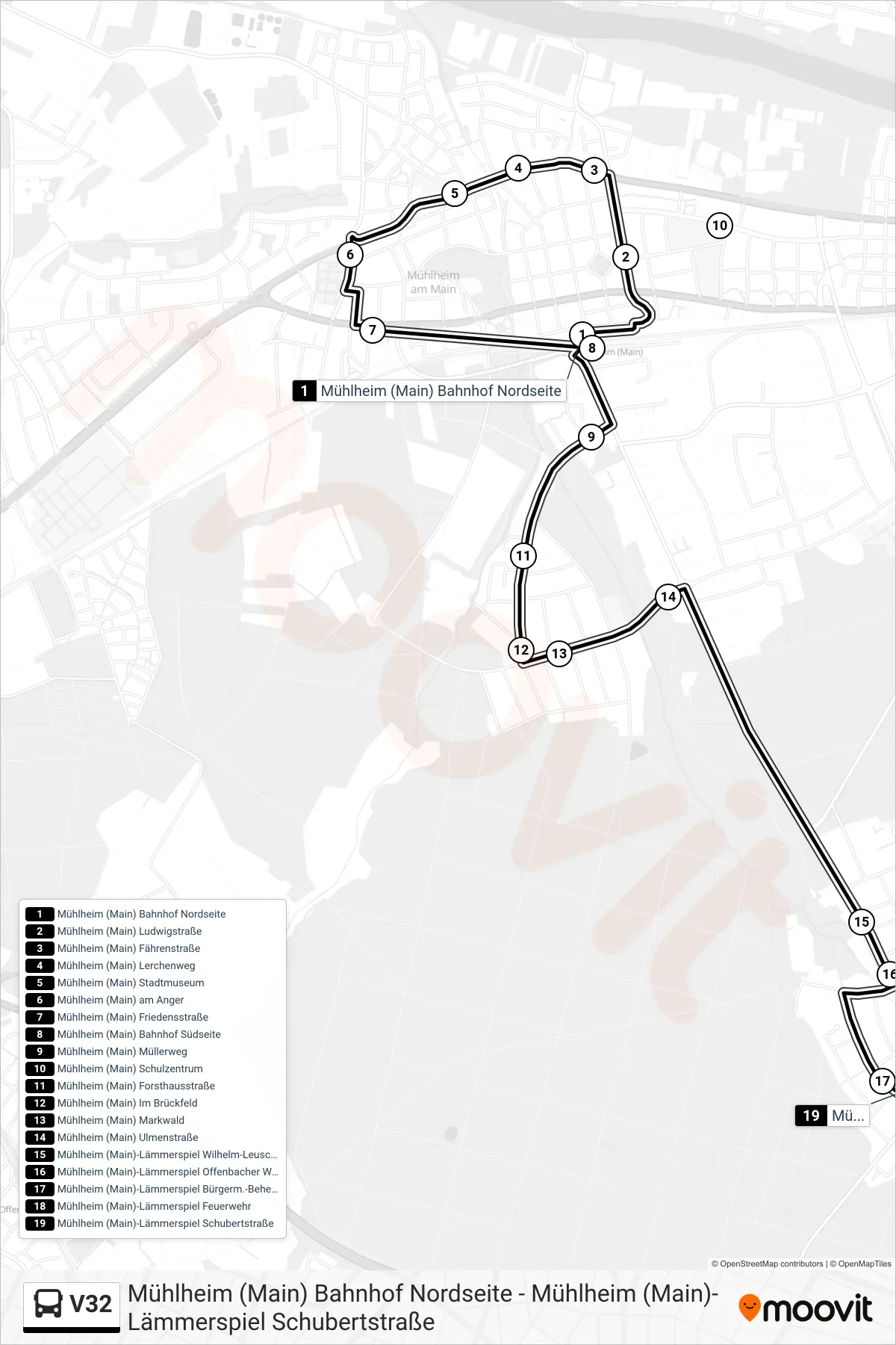 Linie V32 (Bus) Richtung Mühlheim Lämmerspiel Schubertstr.: Route und Haltestellen auf der Karte