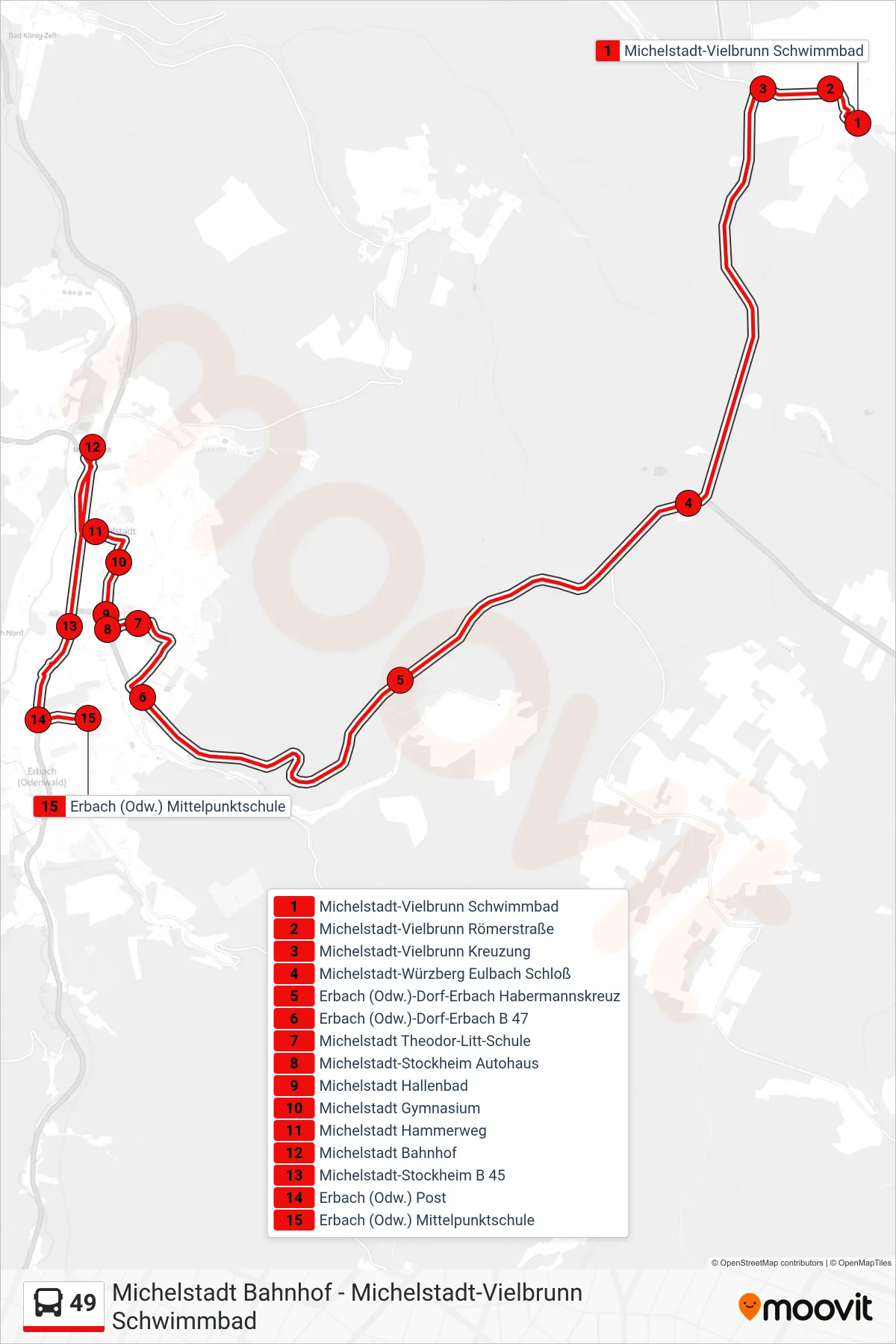 49 bus Line (Erbach Schule) route and stops on a map