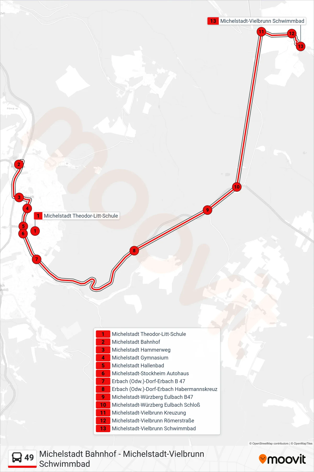 Linie 49 (Bus) Richtung Vielbrunn: Route und Haltestellen auf der Karte