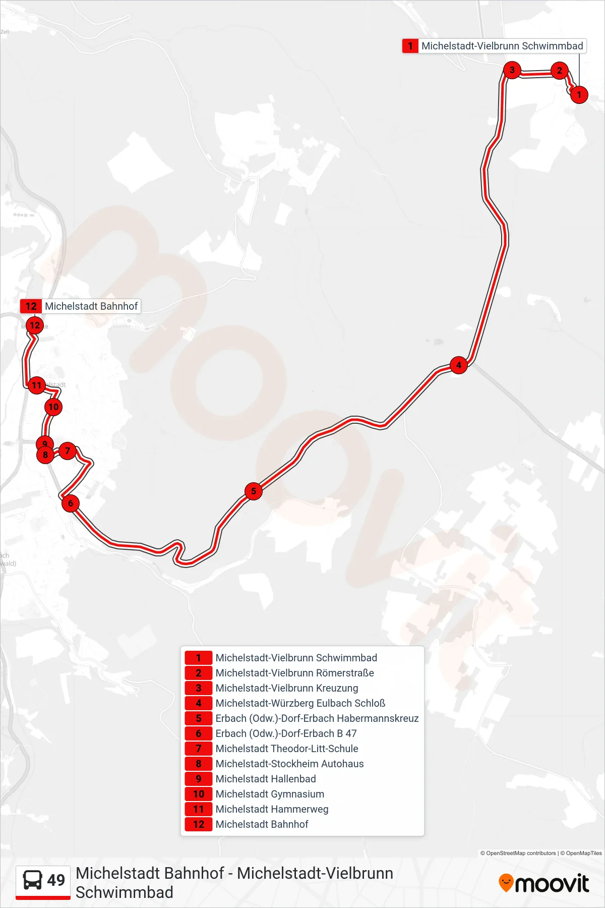 49 bus Line (Michelstadt) route and stops on a map