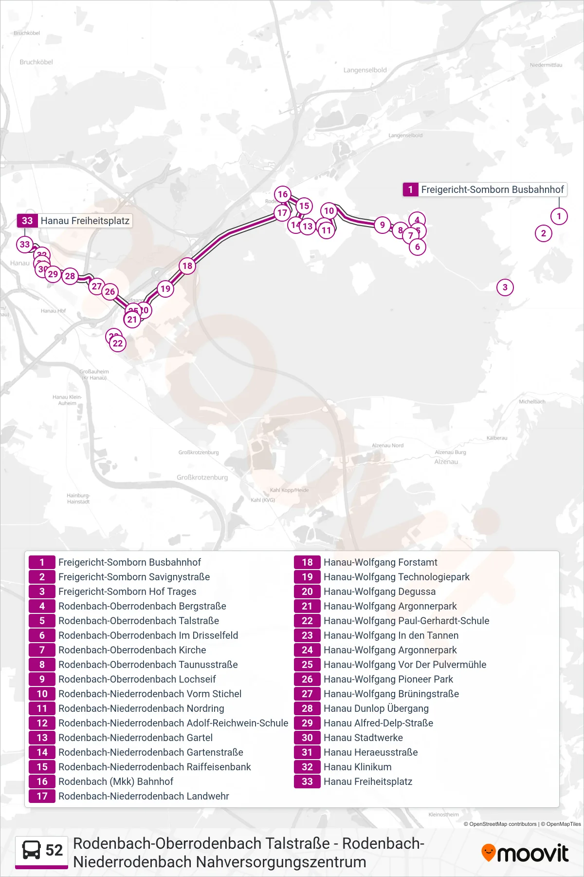 Linie 52 (Bus) Richtung Hanau Freiheitsplatz: Route und Haltestellen auf der Karte