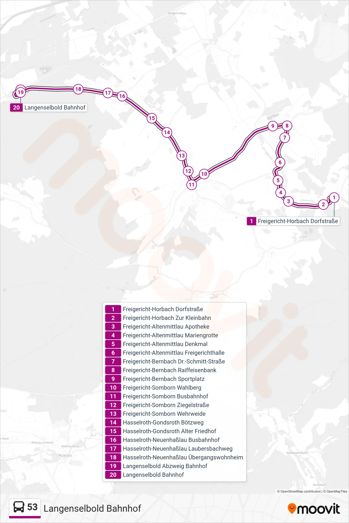Linie 53 (Bus) Richtung Langenselbold Bahnhof: Route und Haltestellen auf der Karte