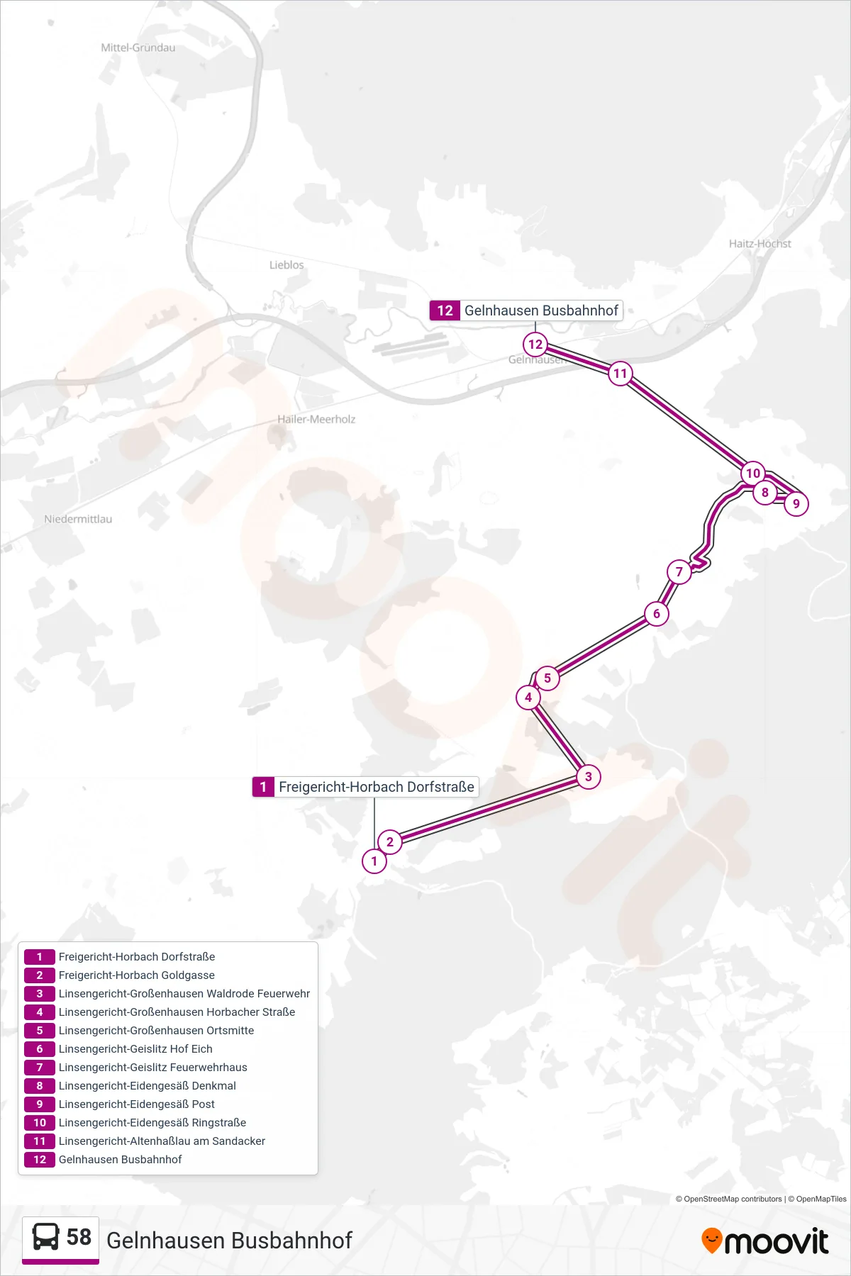 Linie 58 (Bus) Richtung Gelnhausen Busbahnhof: Route und Haltestellen auf der Karte