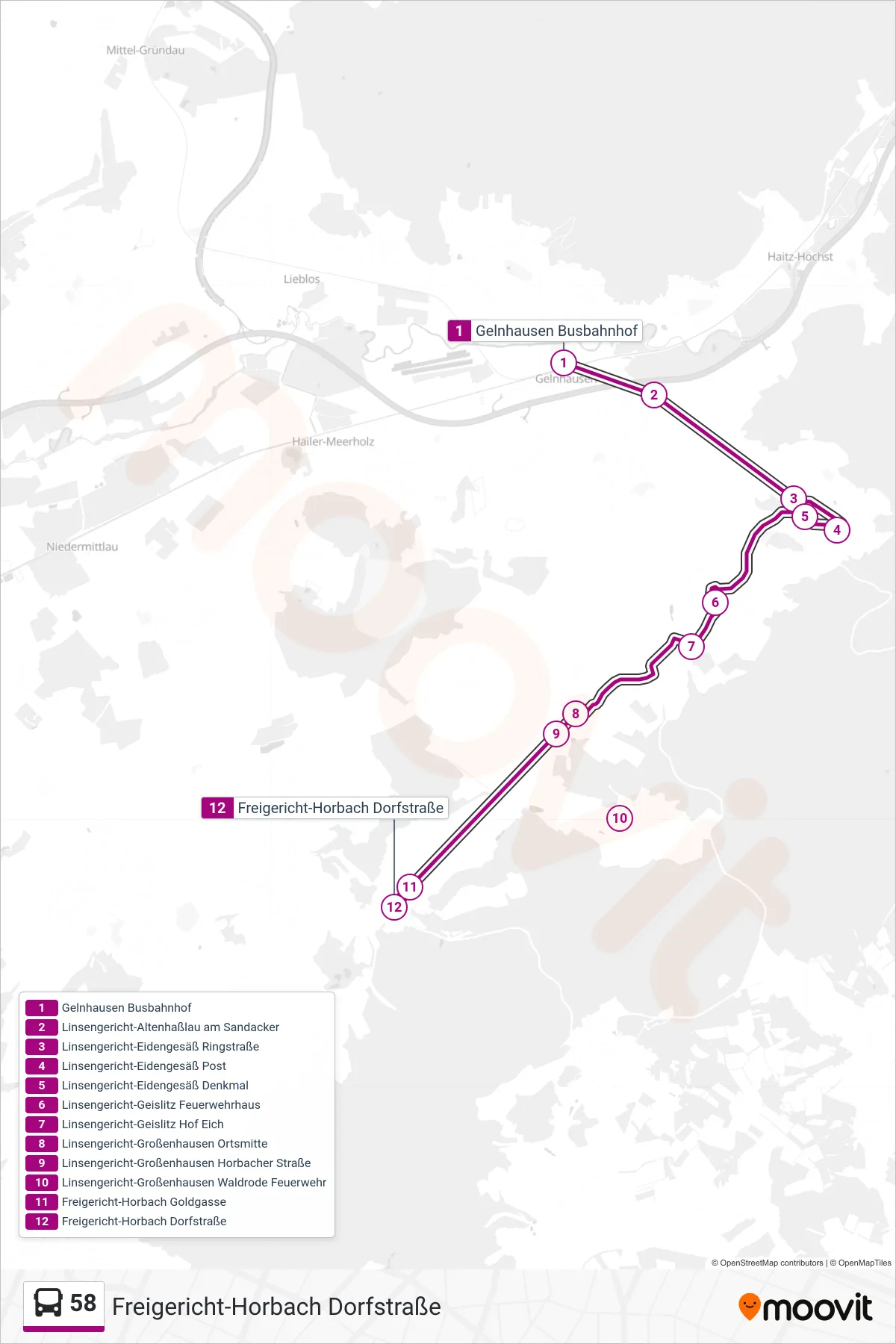 58 bus Line (Freigericht-Horbach Dorfstraße) route and stops on a map