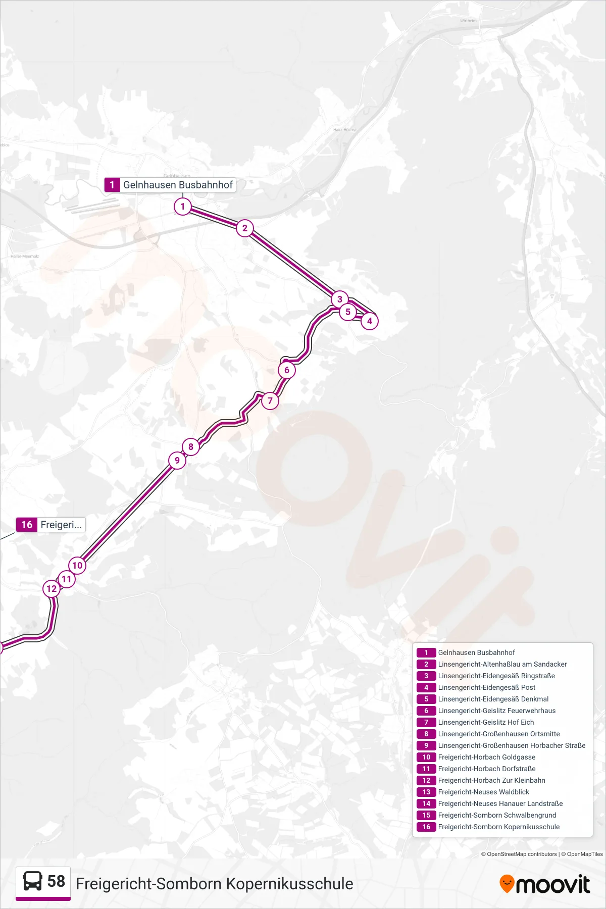 58 bus Line (Freigericht-Somborn Kopernikusschule) route and stops on a map