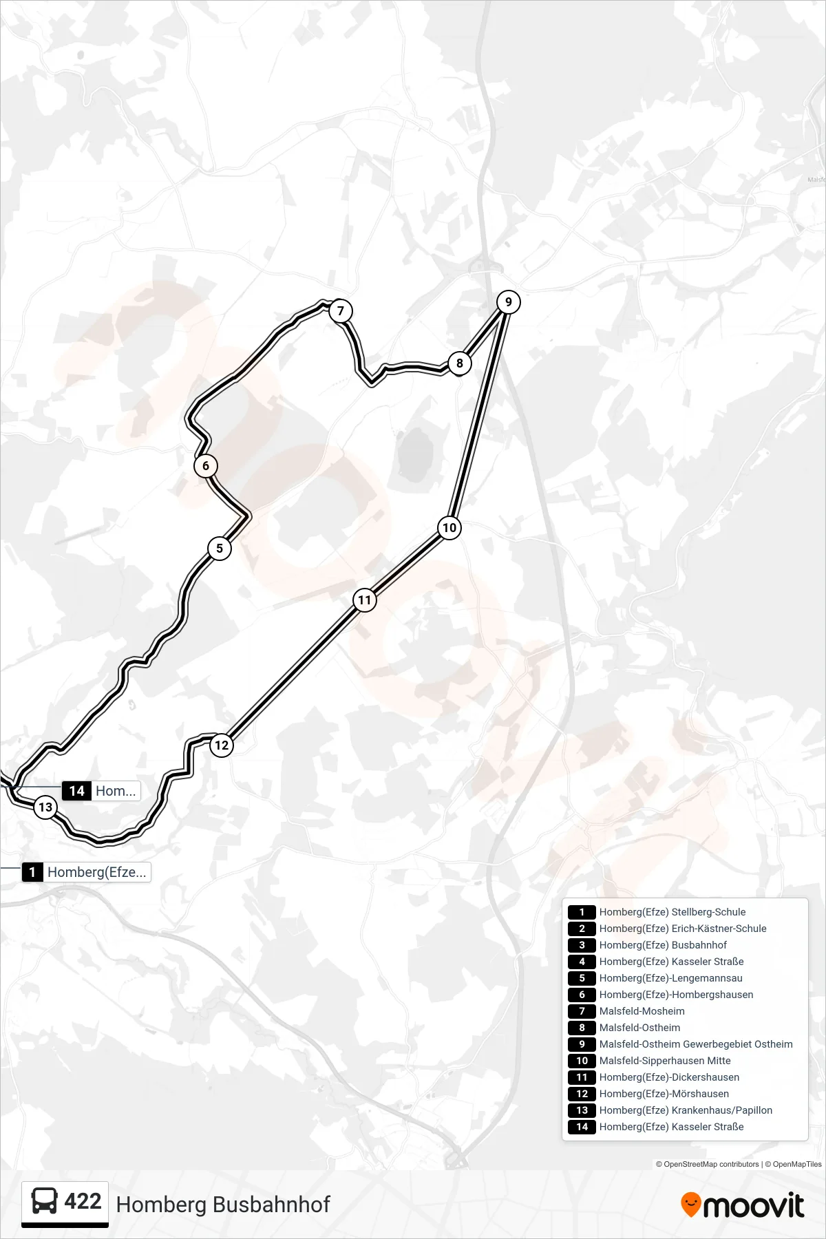 422 bus Line (Homberg Busbahnhof) route and stops on a map