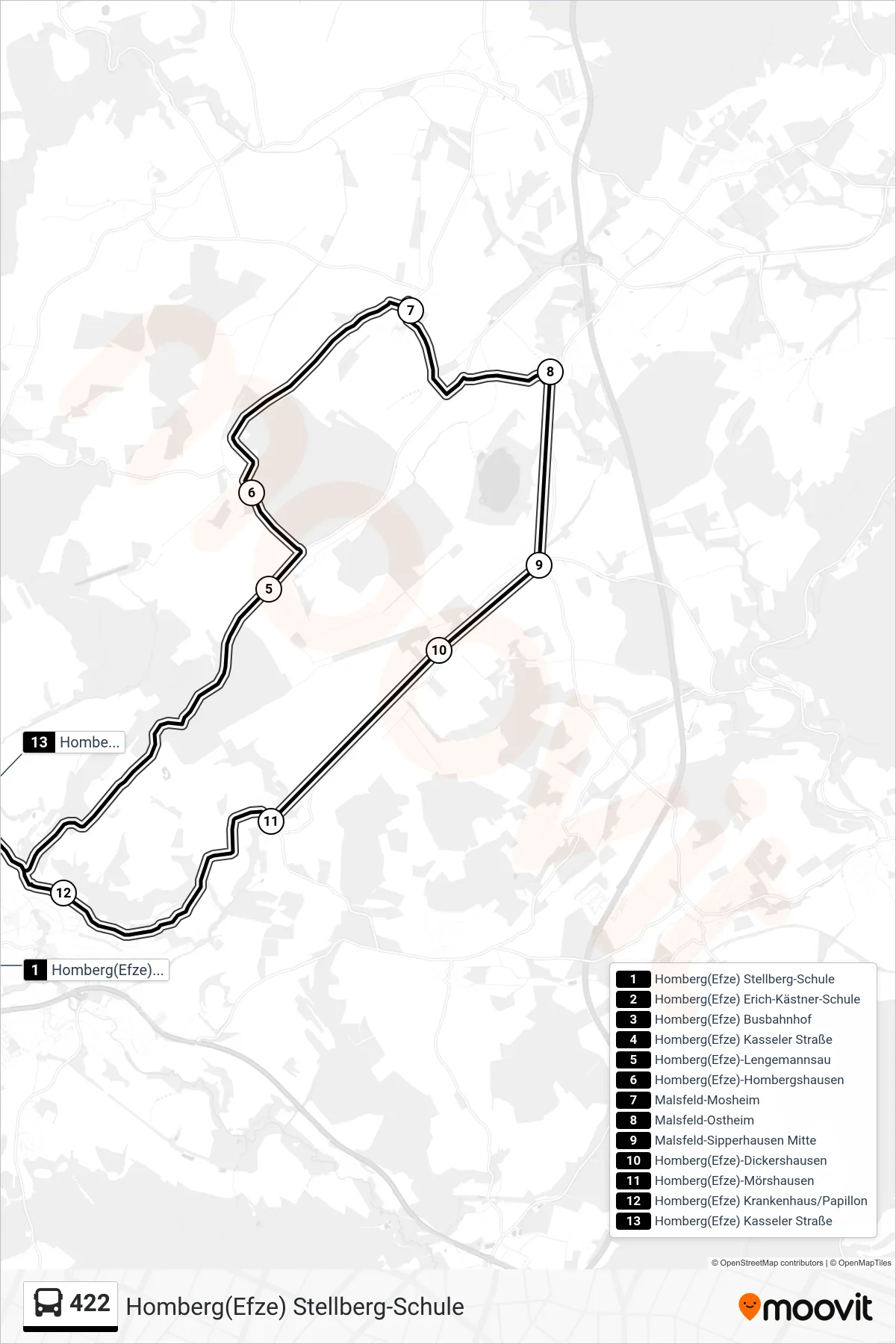 Linie 422 (Bus) Richtung Homberg(Efze) Stellberg-Schule: Route und Haltestellen auf der Karte