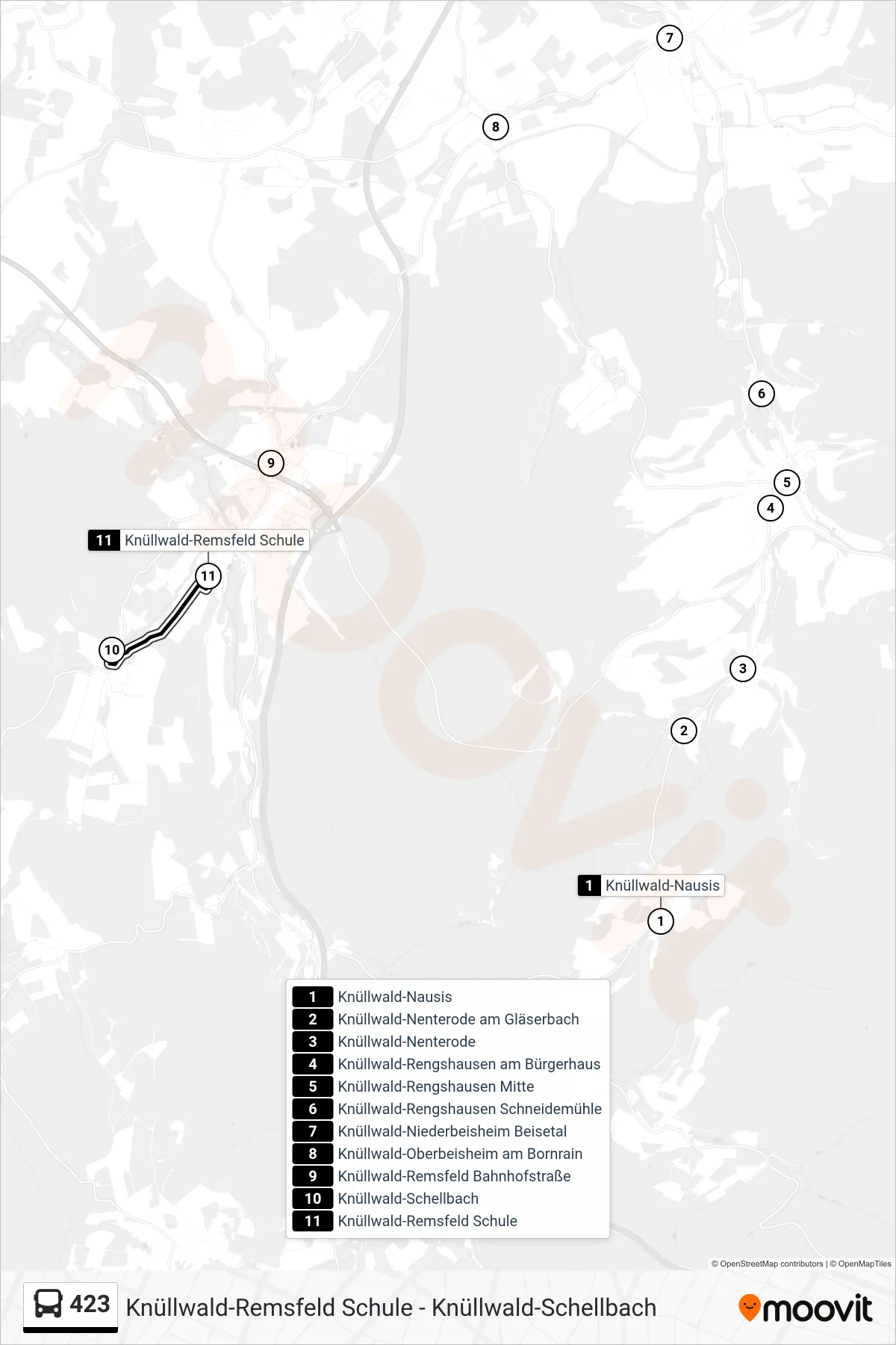 423 bus Line (Remsfeld Schule) route and stops on a map