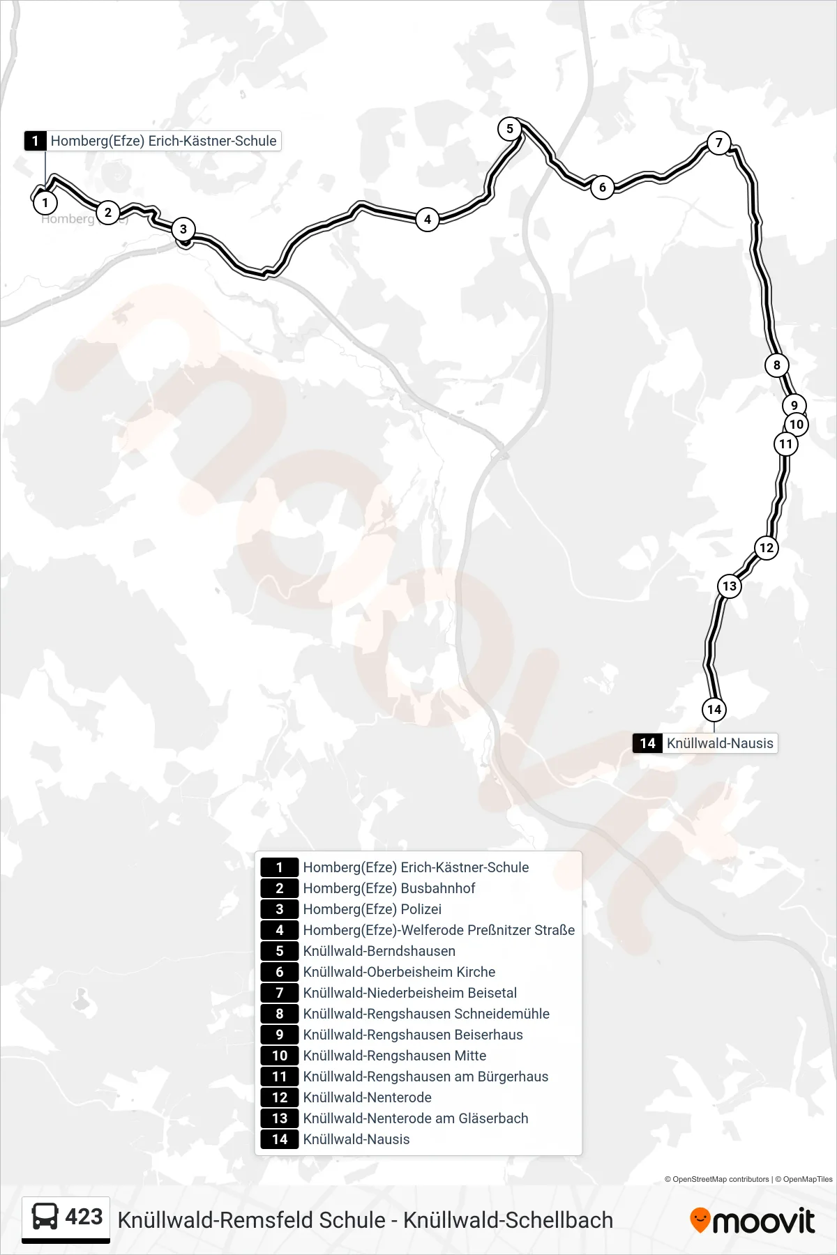 423 bus Line (Nausis) route and stops on a map