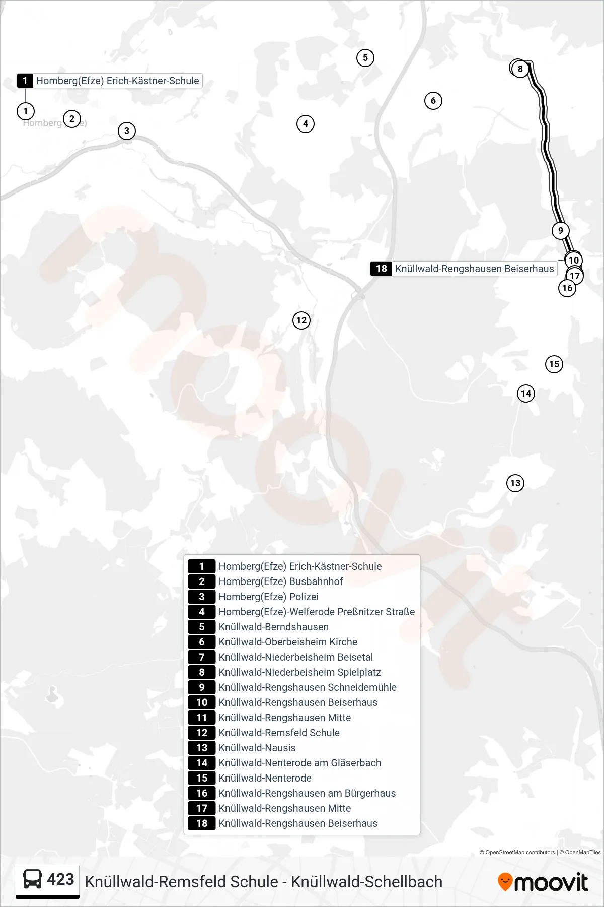 423 bus Line (Rengshausen) route and stops on a map