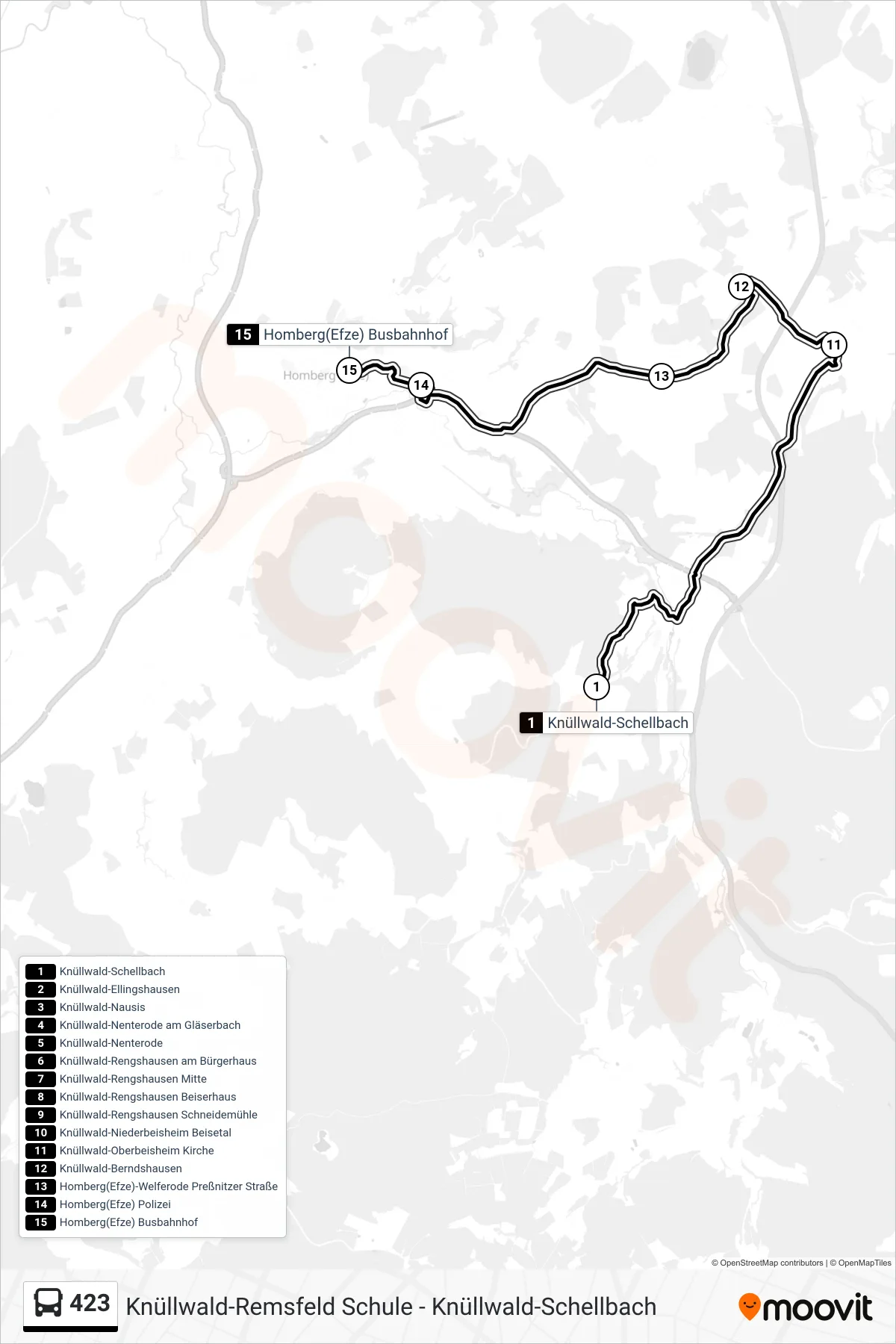423 bus Line (Homberg (Efze)) route and stops on a map