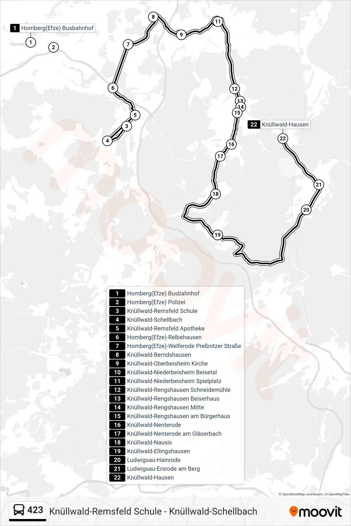423 bus Line (Knüllwald-Hausen) route and stops on a map