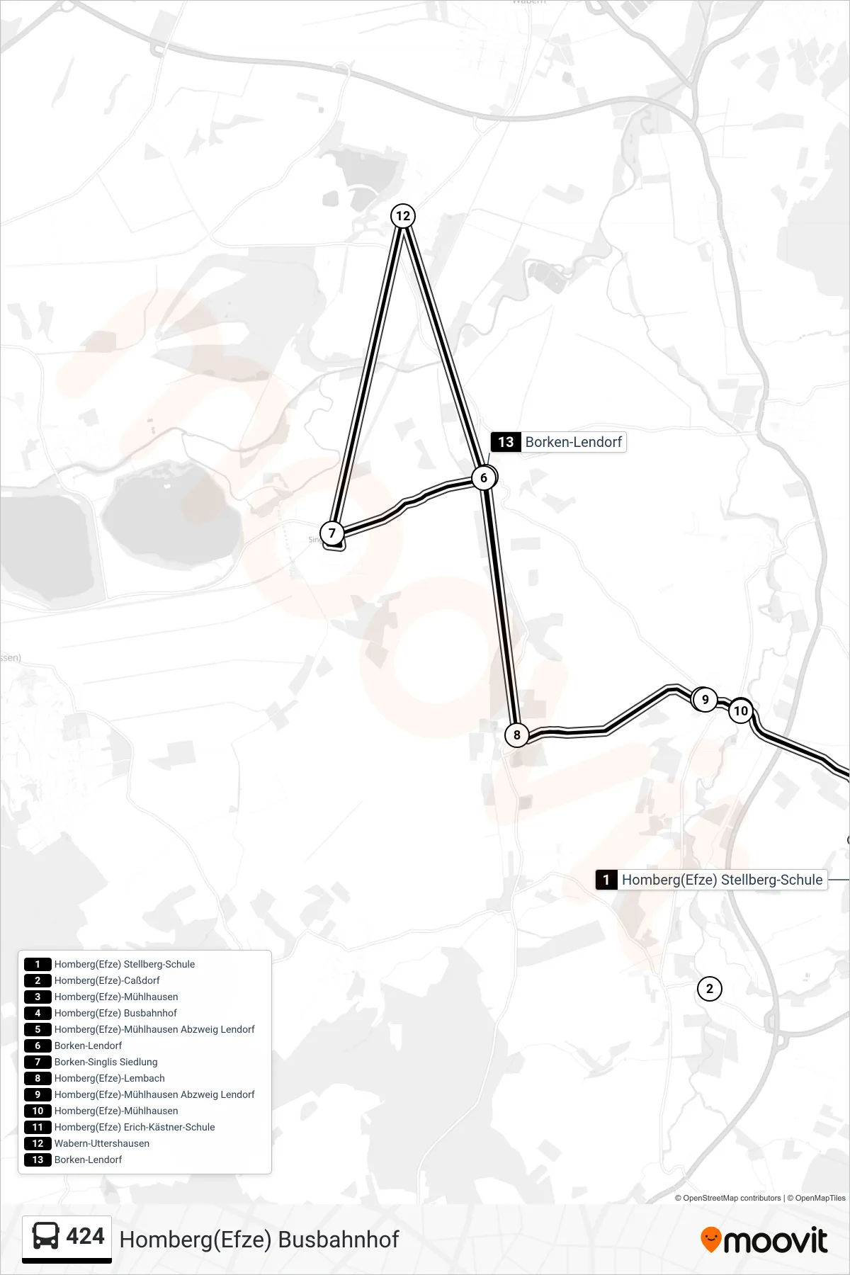 424 bus Line (Homberg(Efze) Busbahnhof) route and stops on a map