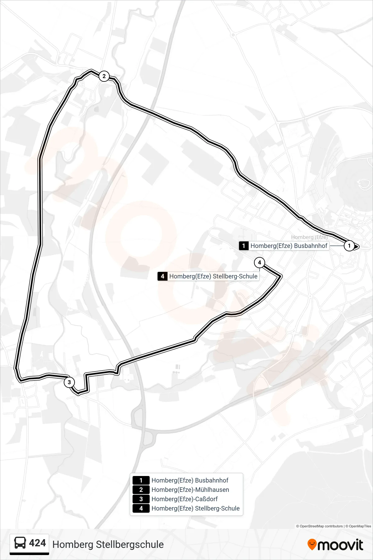 424 bus Line (Homberg Stellbergschule) route and stops on a map
