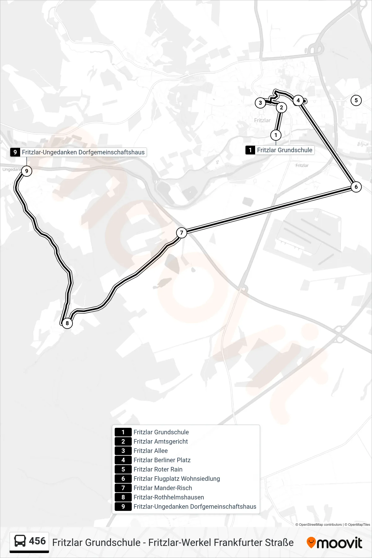 456 bus Line (Ungedanken) route and stops on a map