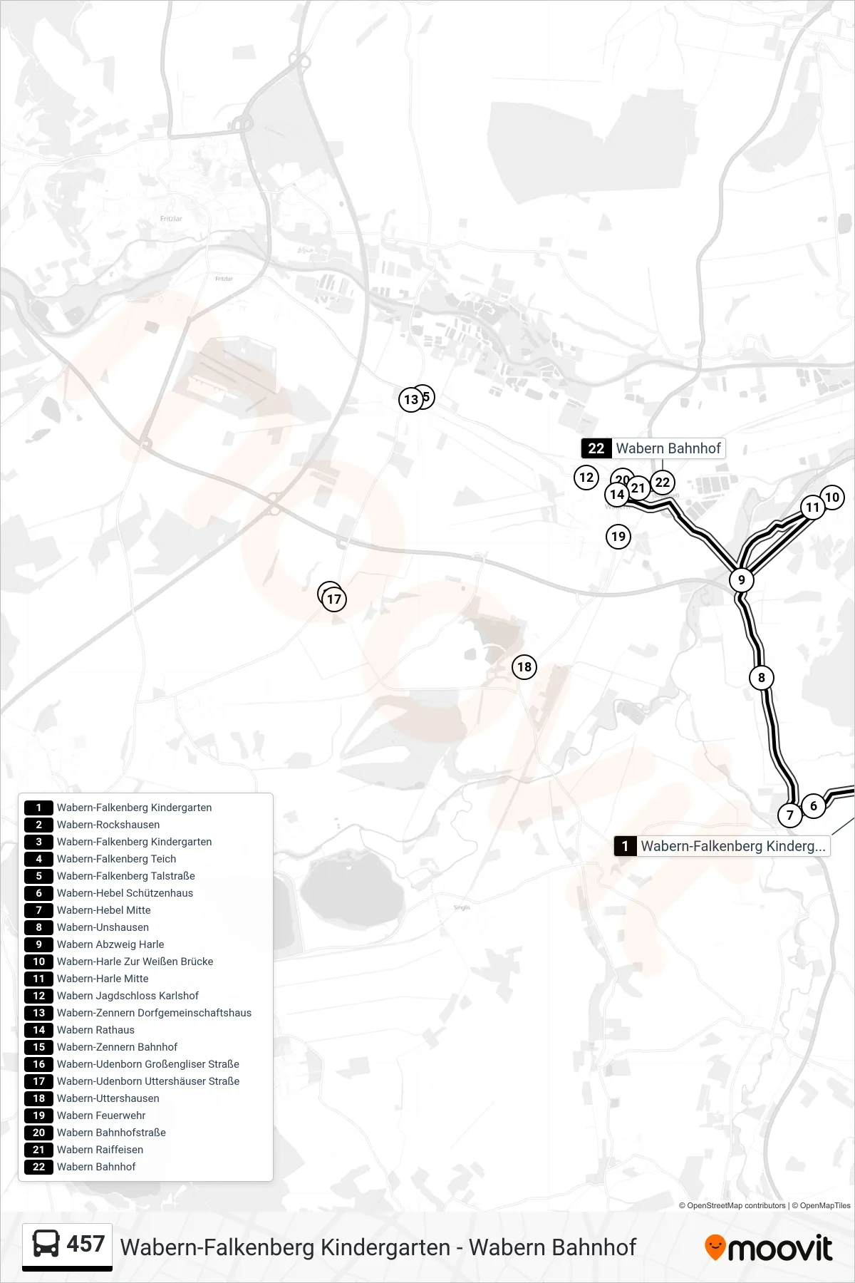 457 bus Line (Wabern Bahnhof) route and stops on a map