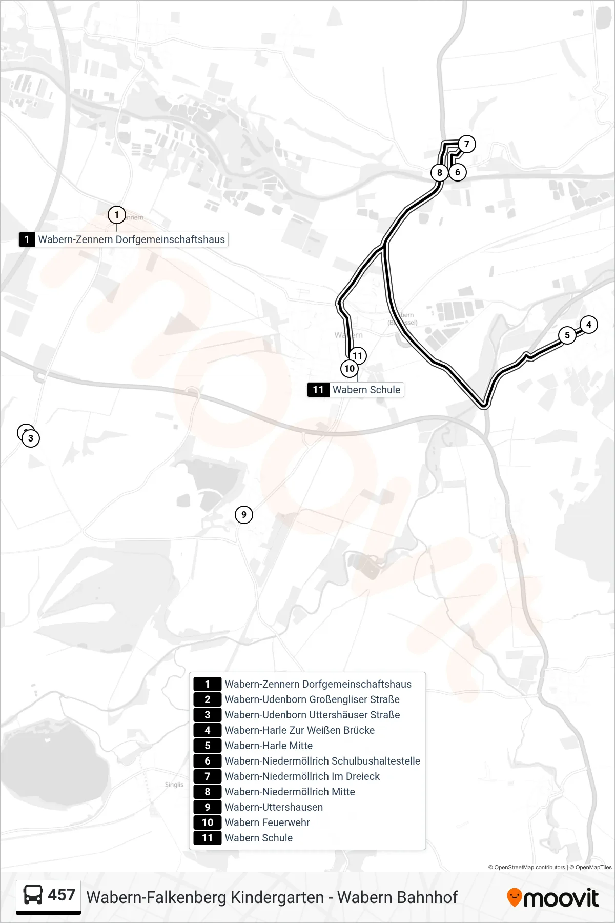 457 bus Line (Wabern Schule) route and stops on a map