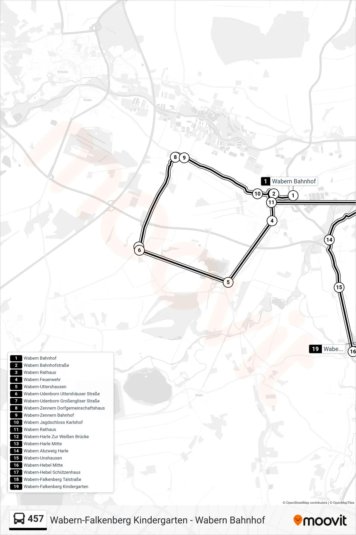 457 bus Line (Wabern-Falkenberg Kindergarten) route and stops on a map