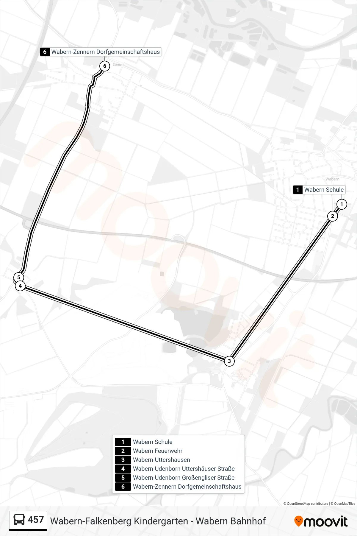 457 bus Line (Zennern) route and stops on a map