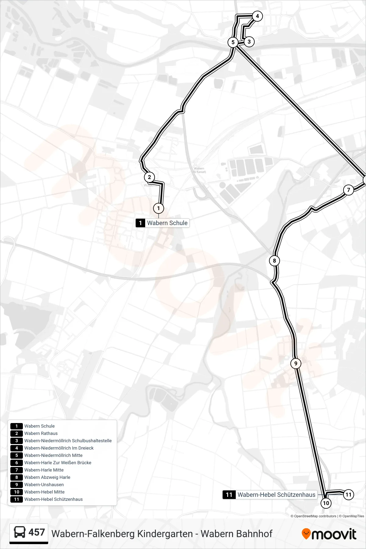 457 bus Line (Wabern-Hebel Schützenhaus) route and stops on a map