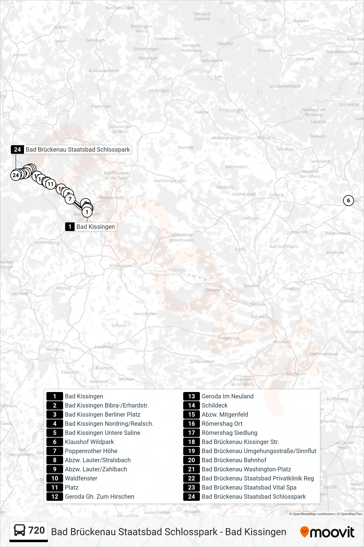 720 bus Line (Bad Brückenau) route and stops on a map