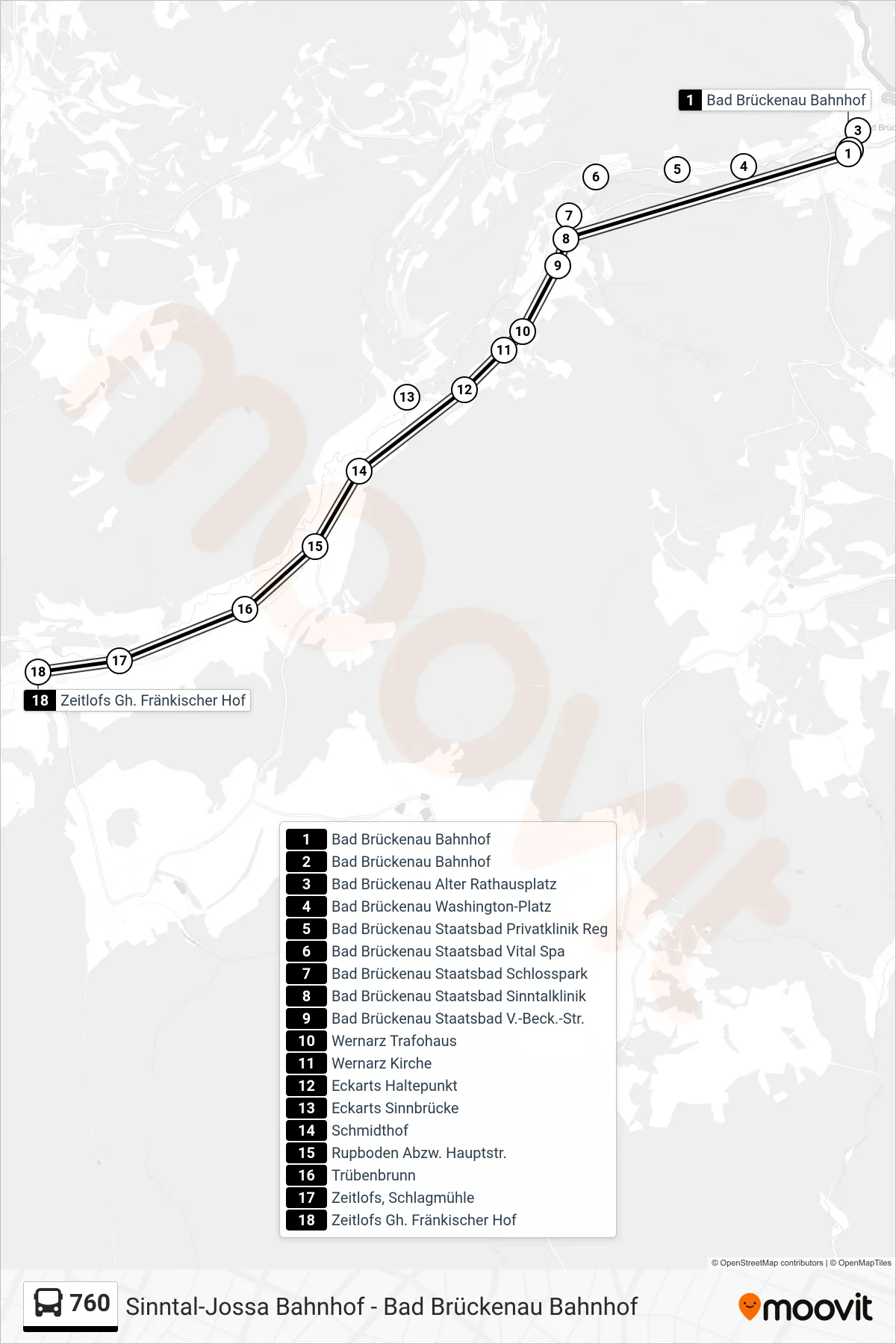 760 bus Line (Zeitlofs) route and stops on a map