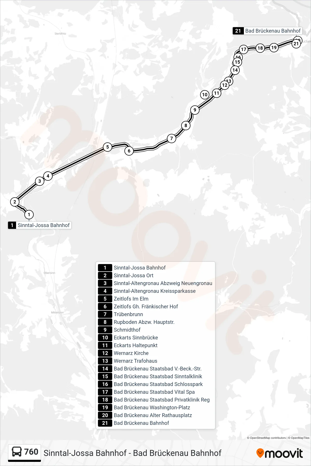 Linie 760 (Bus) Richtung Bad Brückenau Bf: Route und Haltestellen auf der Karte