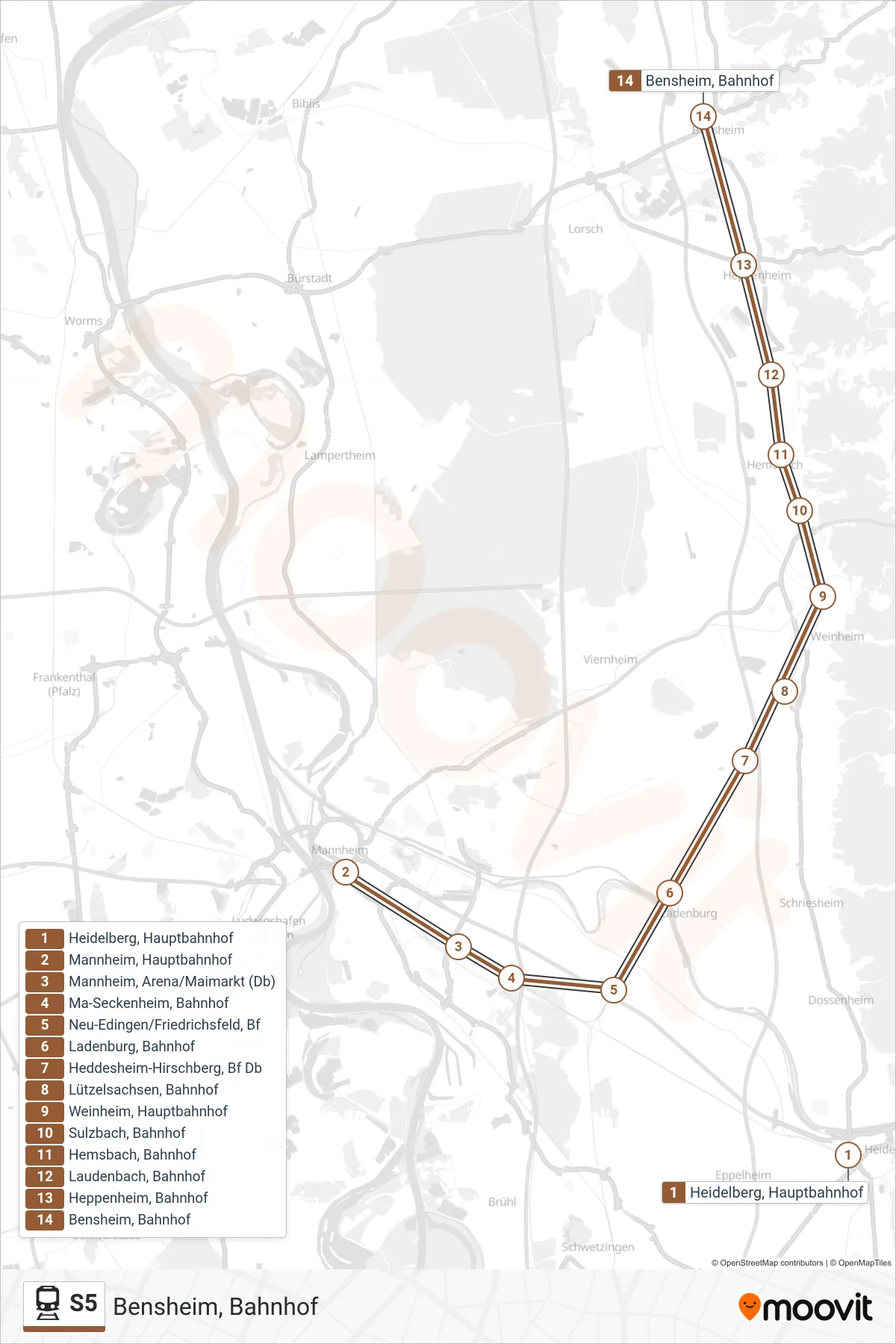 S5 train Line (Bensheim, Bahnhof) route and stops on a map