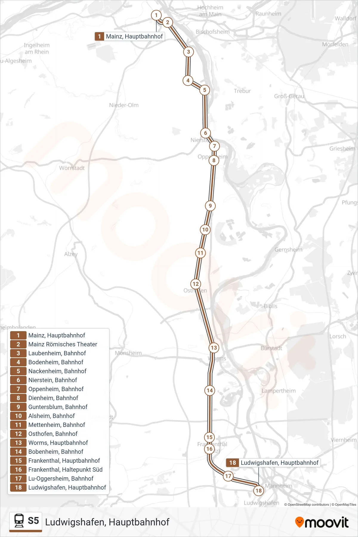S5 train Line (Ludwigshafen, Hauptbahnhof) route and stops on a map