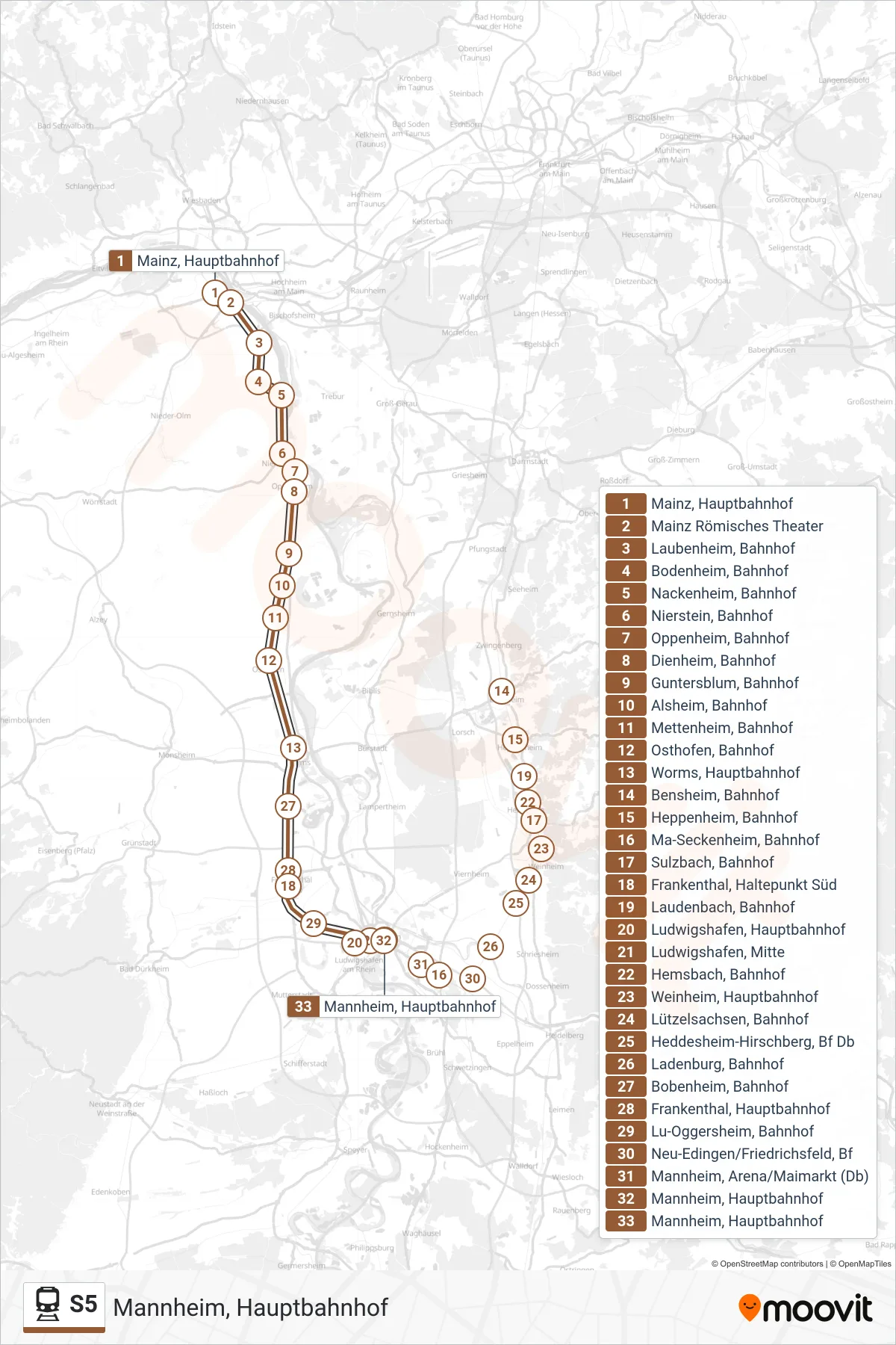 S5 train Line (Mannheim, Hauptbahnhof) route and stops on a map