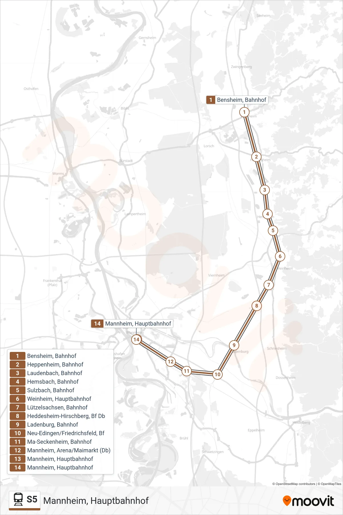 S5 train Line (Mannheim, Hauptbahnhof) route and stops on a map