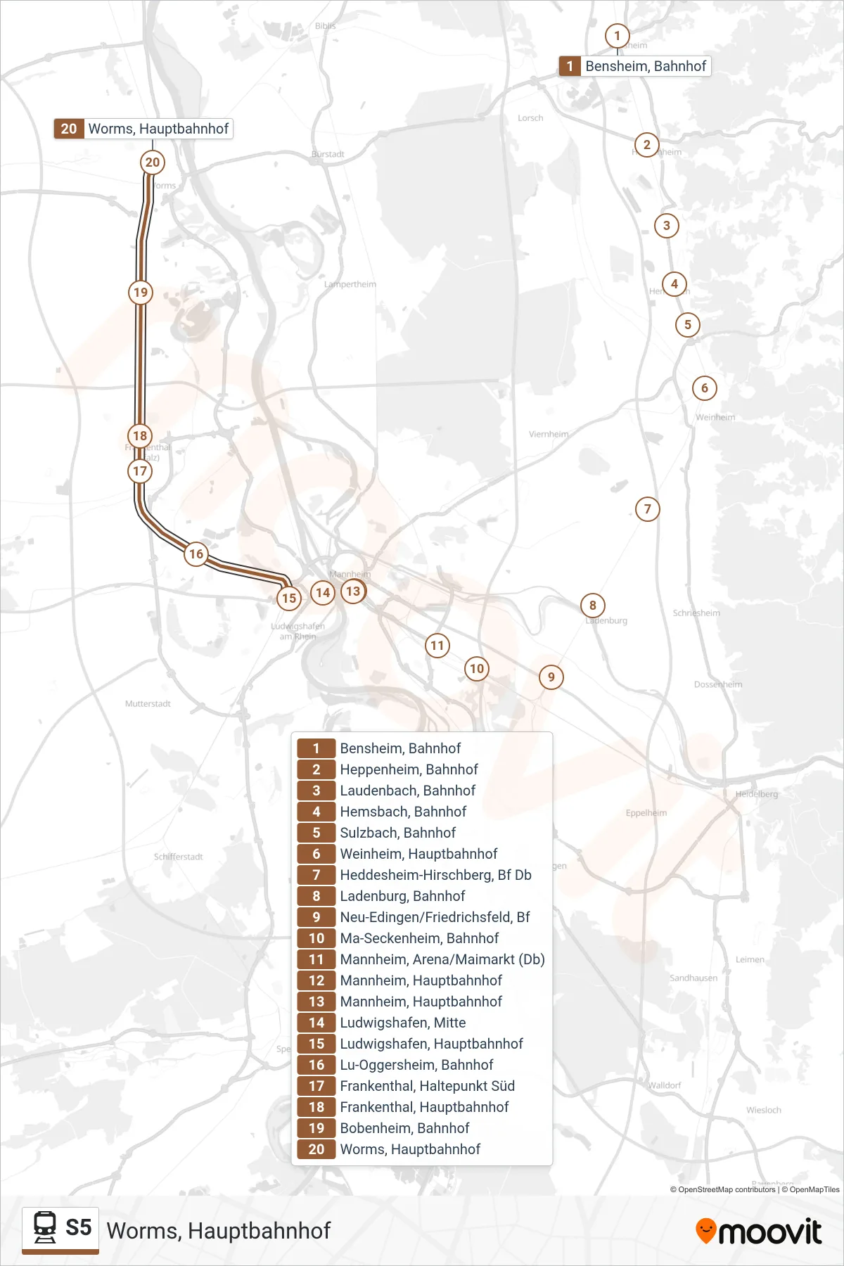 S5 train Line (Worms, Hauptbahnhof) route and stops on a map