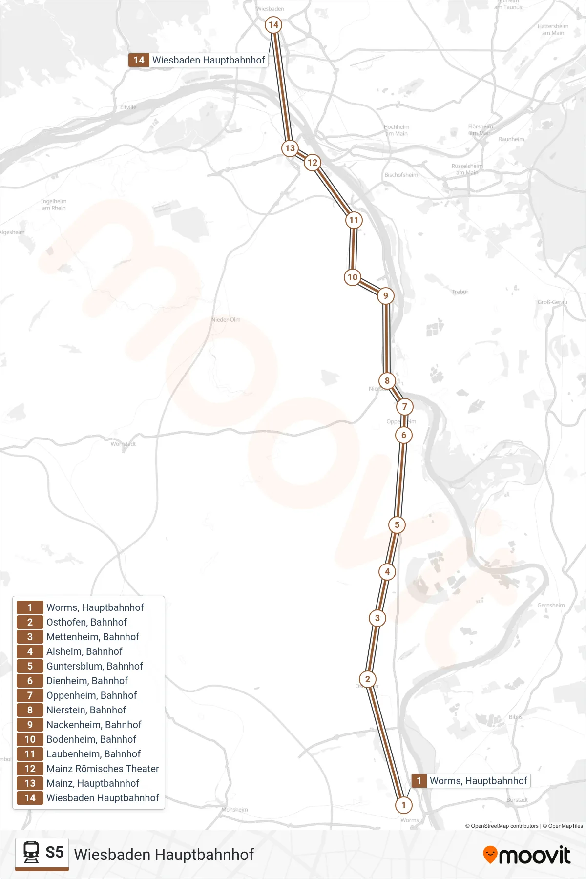 S5 train Line (Wiesbaden Hauptbahnhof) route and stops on a map