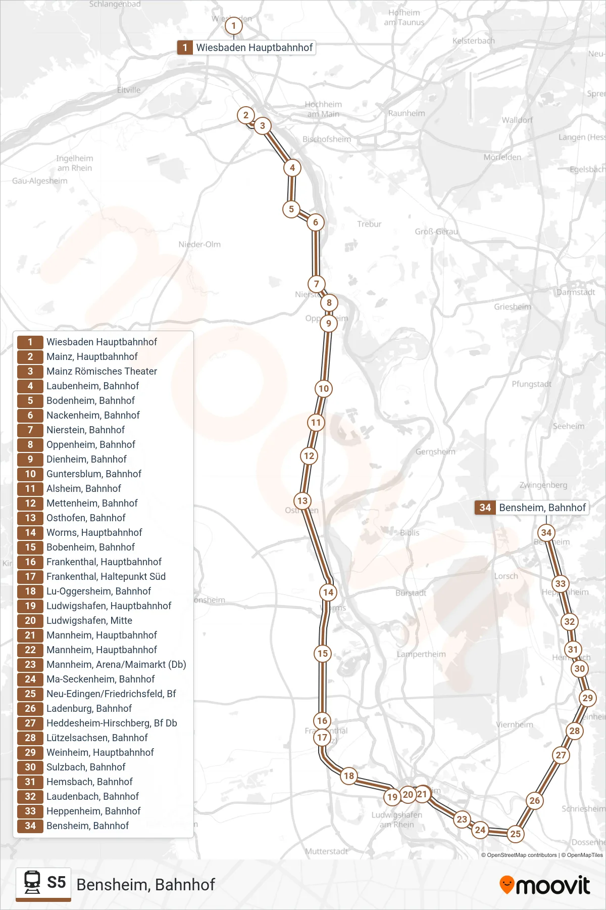 S5 train Line (Bensheim, Bahnhof) route and stops on a map