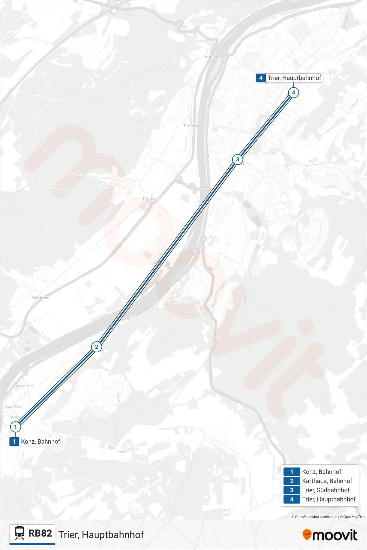 RB82 train Line (Trier, Hauptbahnhof) route and stops on a map