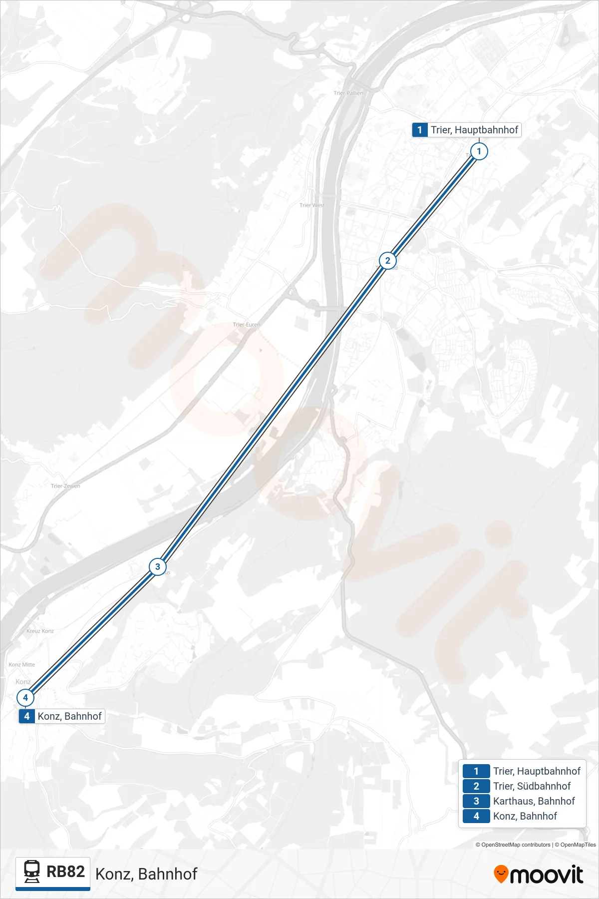 Linie RB82 (Bahn) Richtung Konz, Bahnhof: Route und Haltestellen auf der Karte