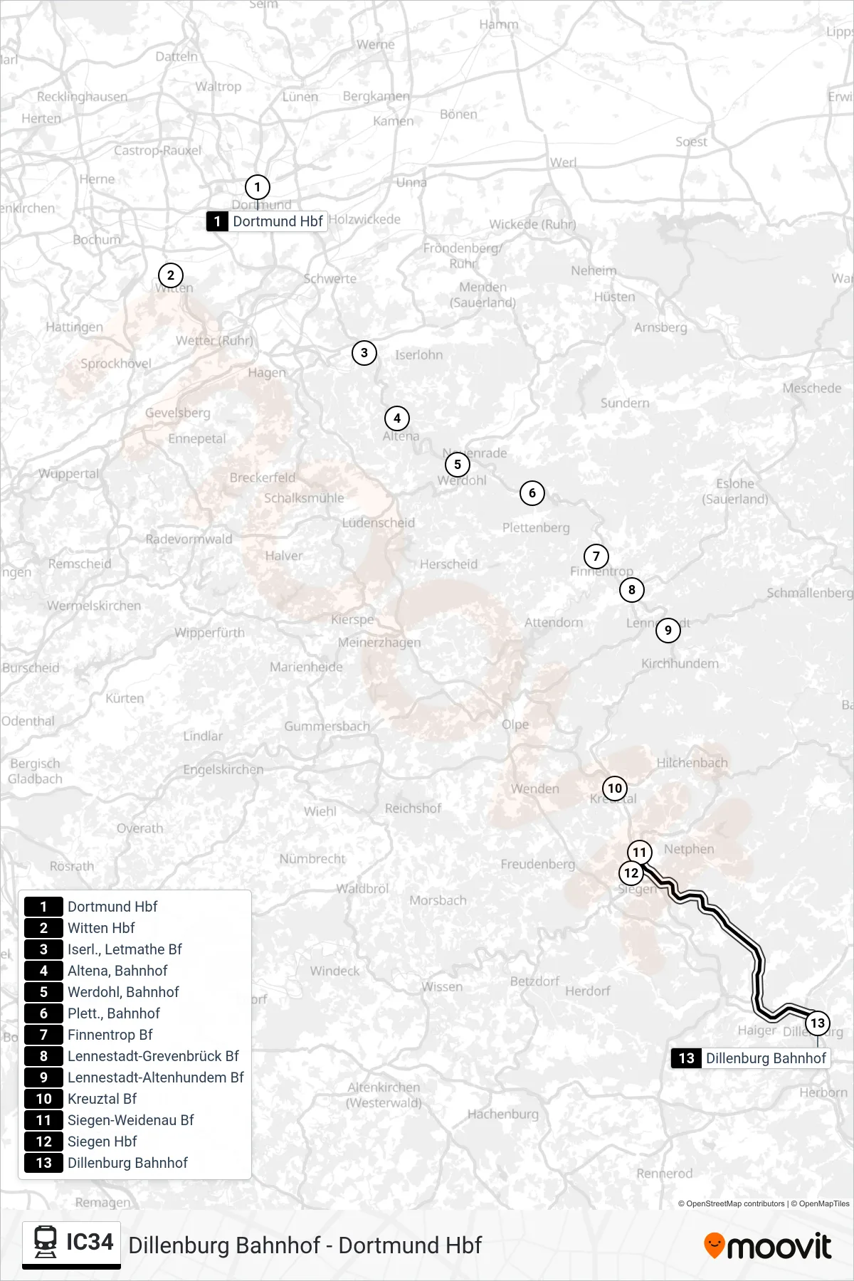 Linie IC34 (Bahn) Richtung Dillenburg Bahnhof: Route und Haltestellen auf der Karte