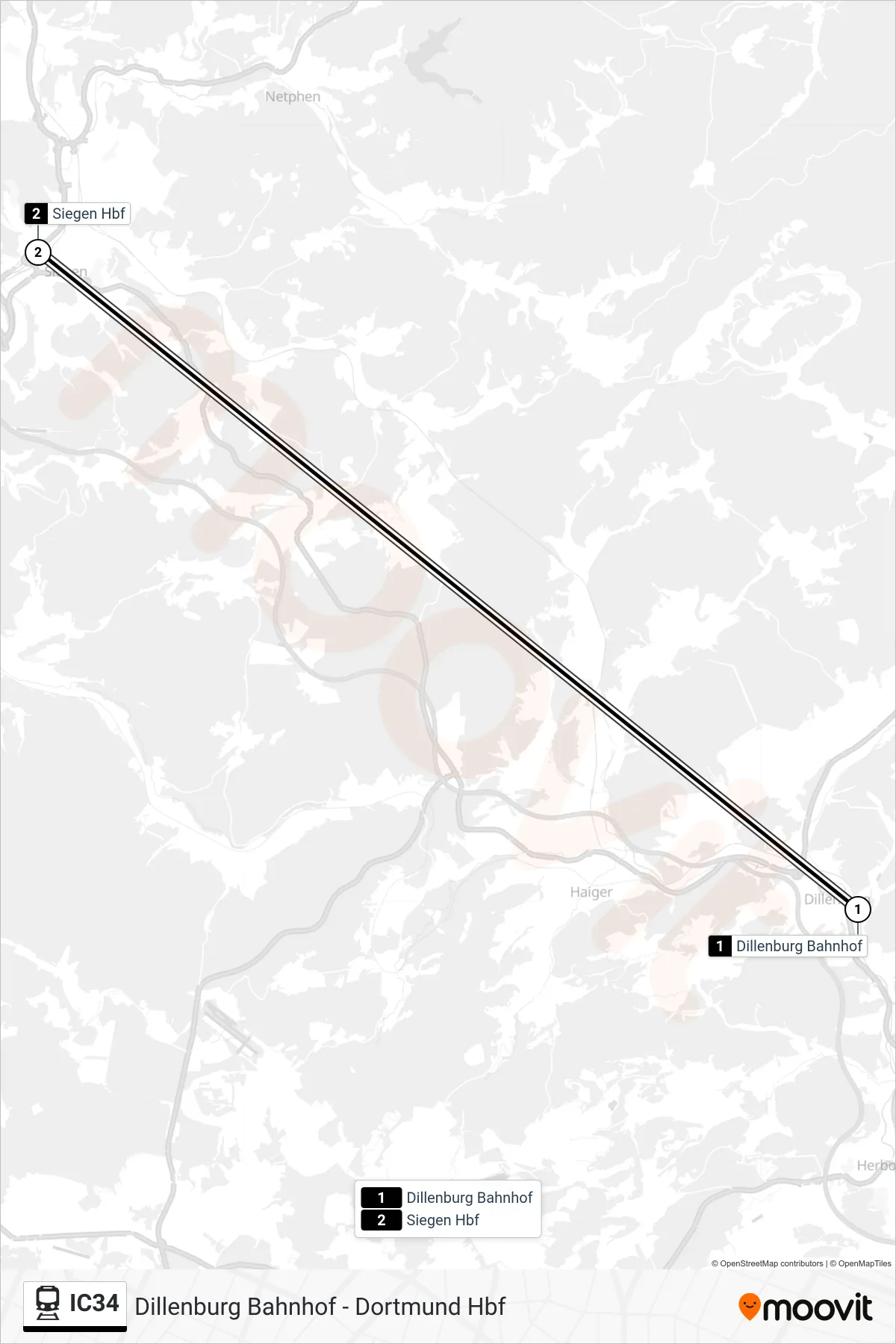 Linie IC34 (Bahn) Richtung Siegen Hbf: Route und Haltestellen auf der Karte