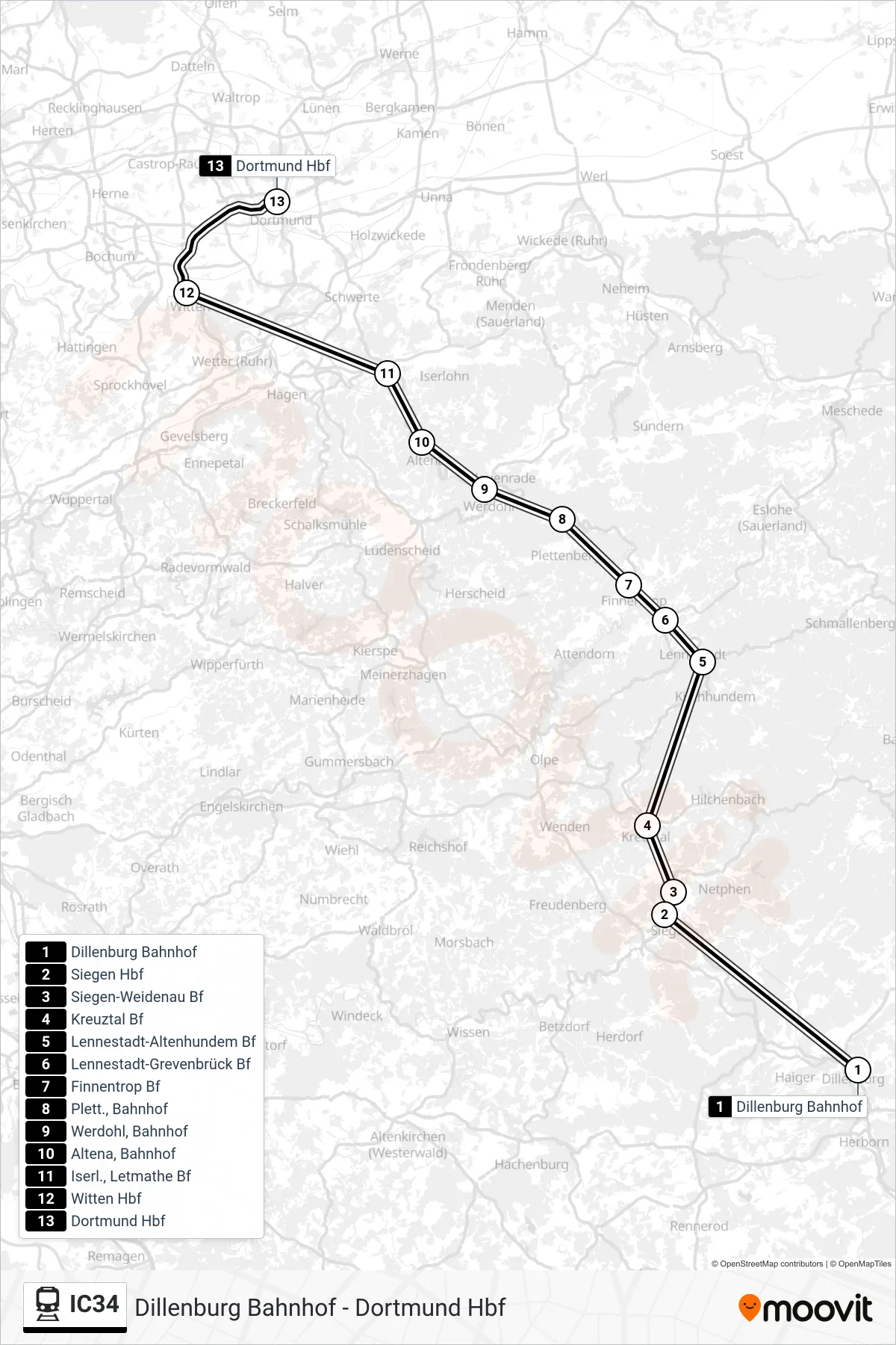 Linie IC34 (Bahn) Richtung Dortmund Hbf: Route und Haltestellen auf der Karte