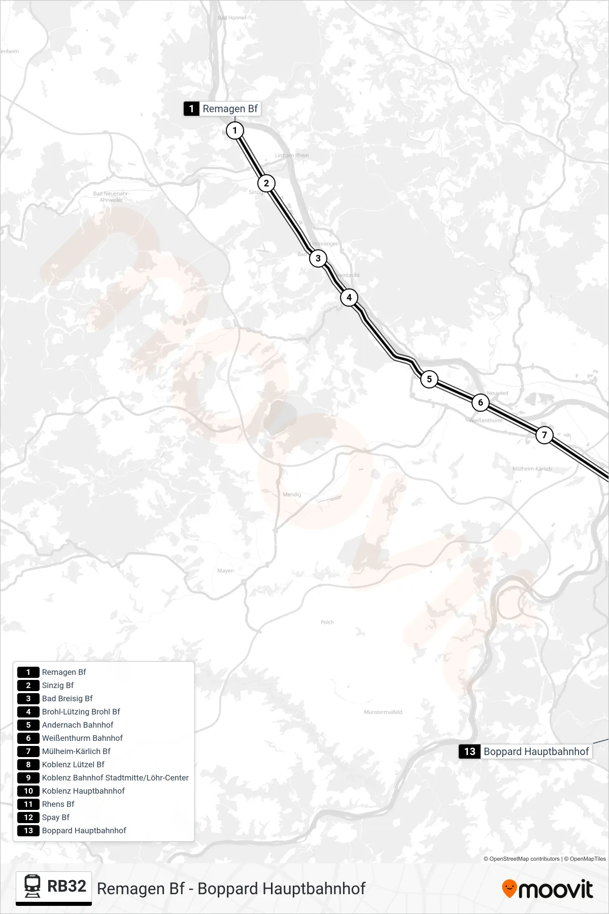Linie RB32 (Bahn) Richtung Boppard Hauptbahnhof: Route und Haltestellen auf der Karte