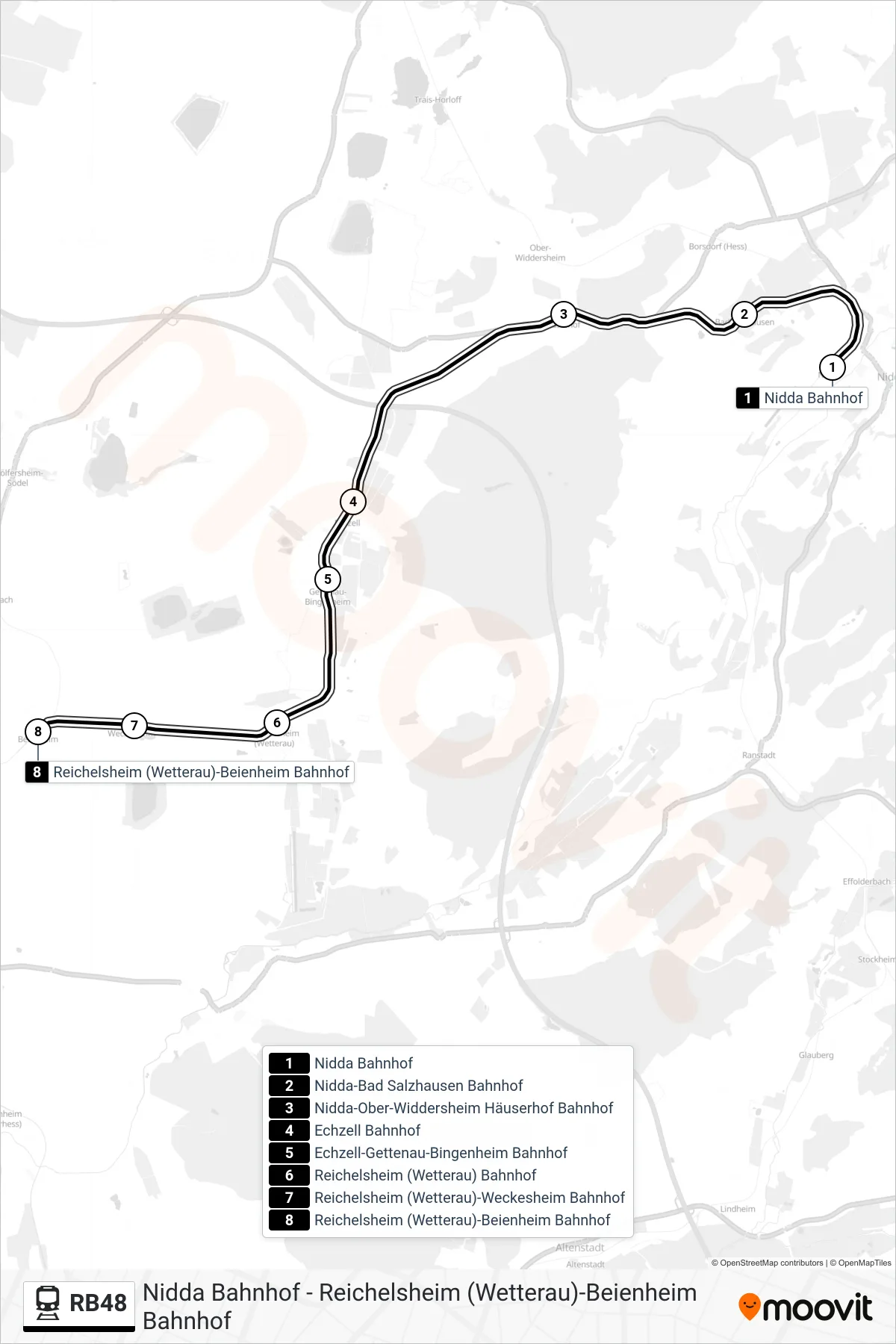 RB48 train Line (Reichelsheim (Wetterau)-Beienheim Bahnhof) route and stops on a map
