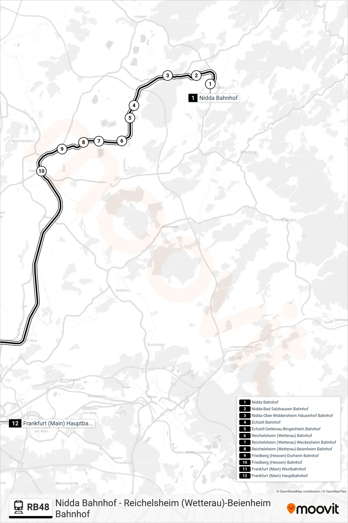 RB48 train Line (Frankfurt (Main) Hauptbahnhof) route and stops on a map