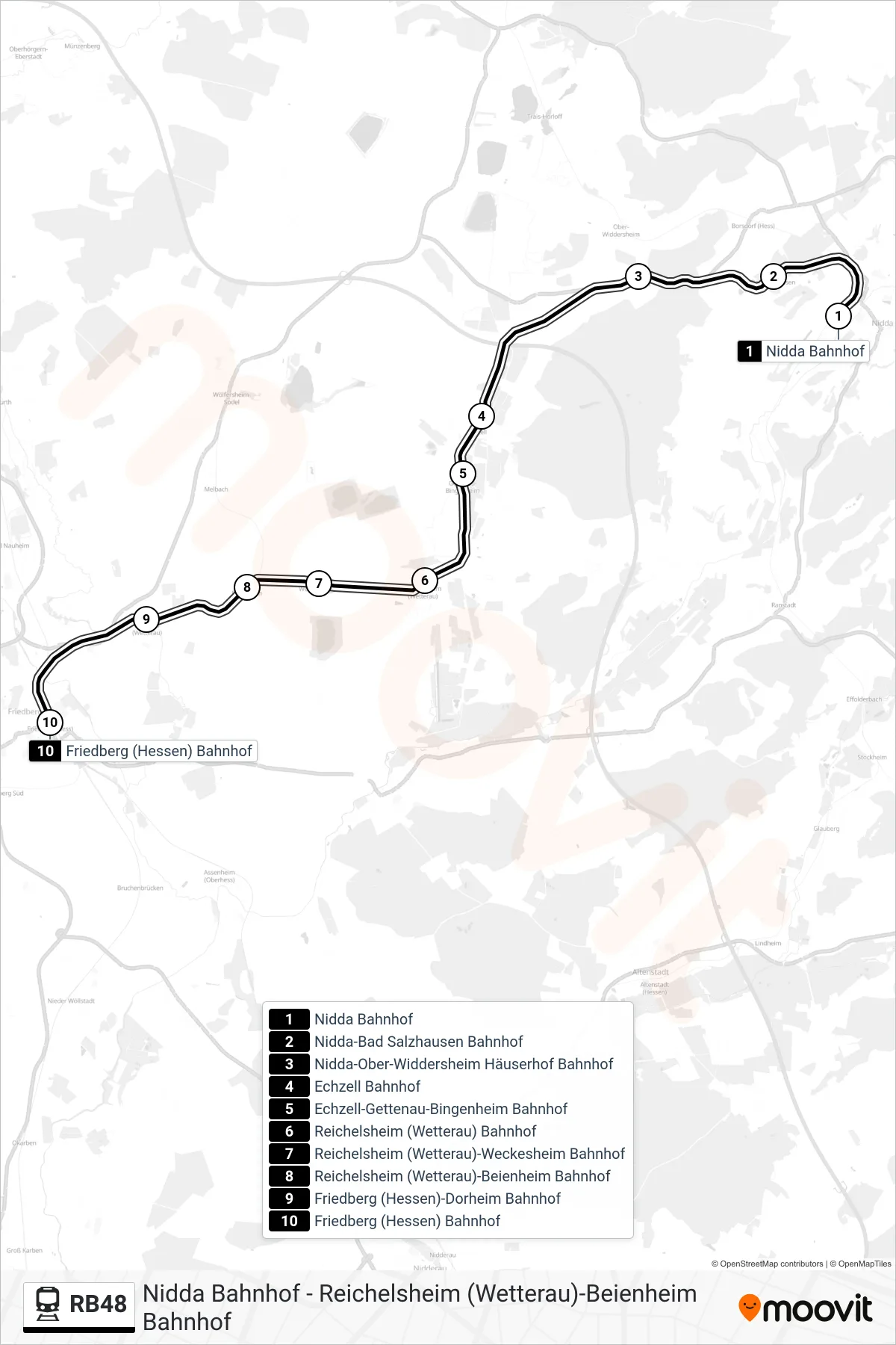 RB48 train Line (Friedberg (Hessen) Bahnhof) route and stops on a map