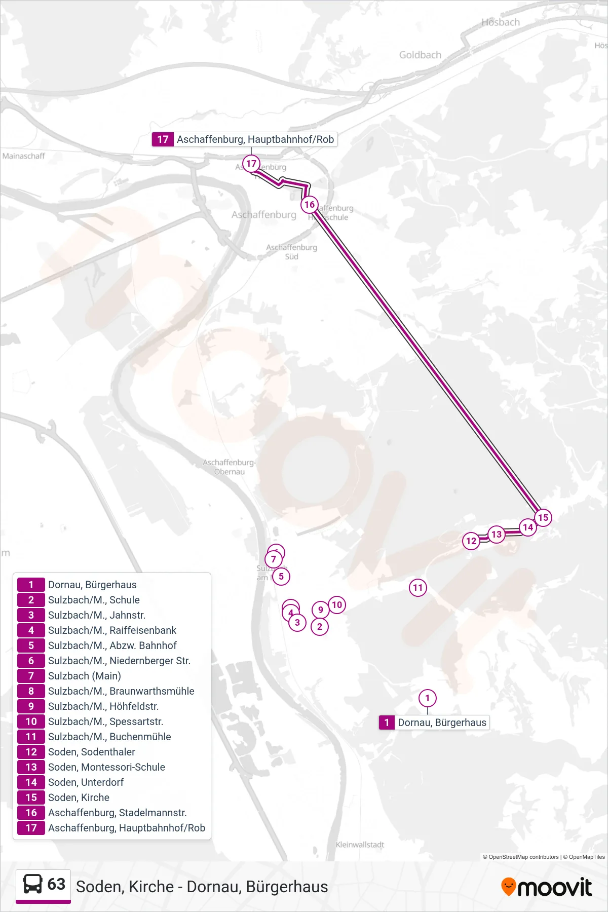 63 bus Line (Aschaffenburg; Hbf/Rob) route and stops on a map