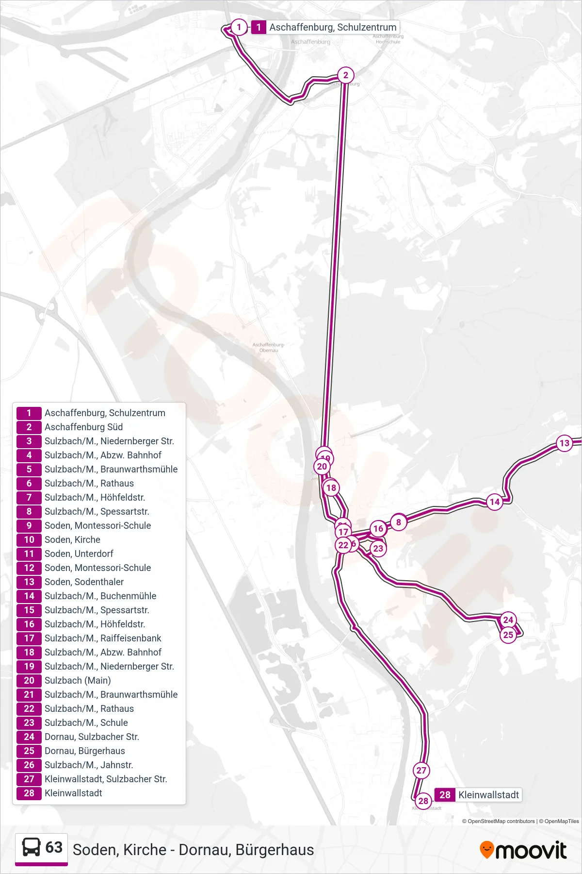 63 bus Line (Kleinwallstadt) route and stops on a map