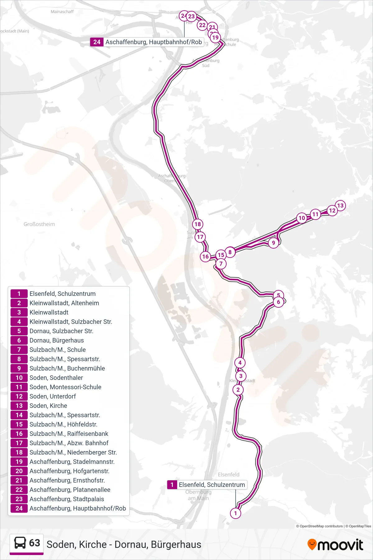 63 bus Line (Aschaffenburg ; Hbf/Rob) route and stops on a map
