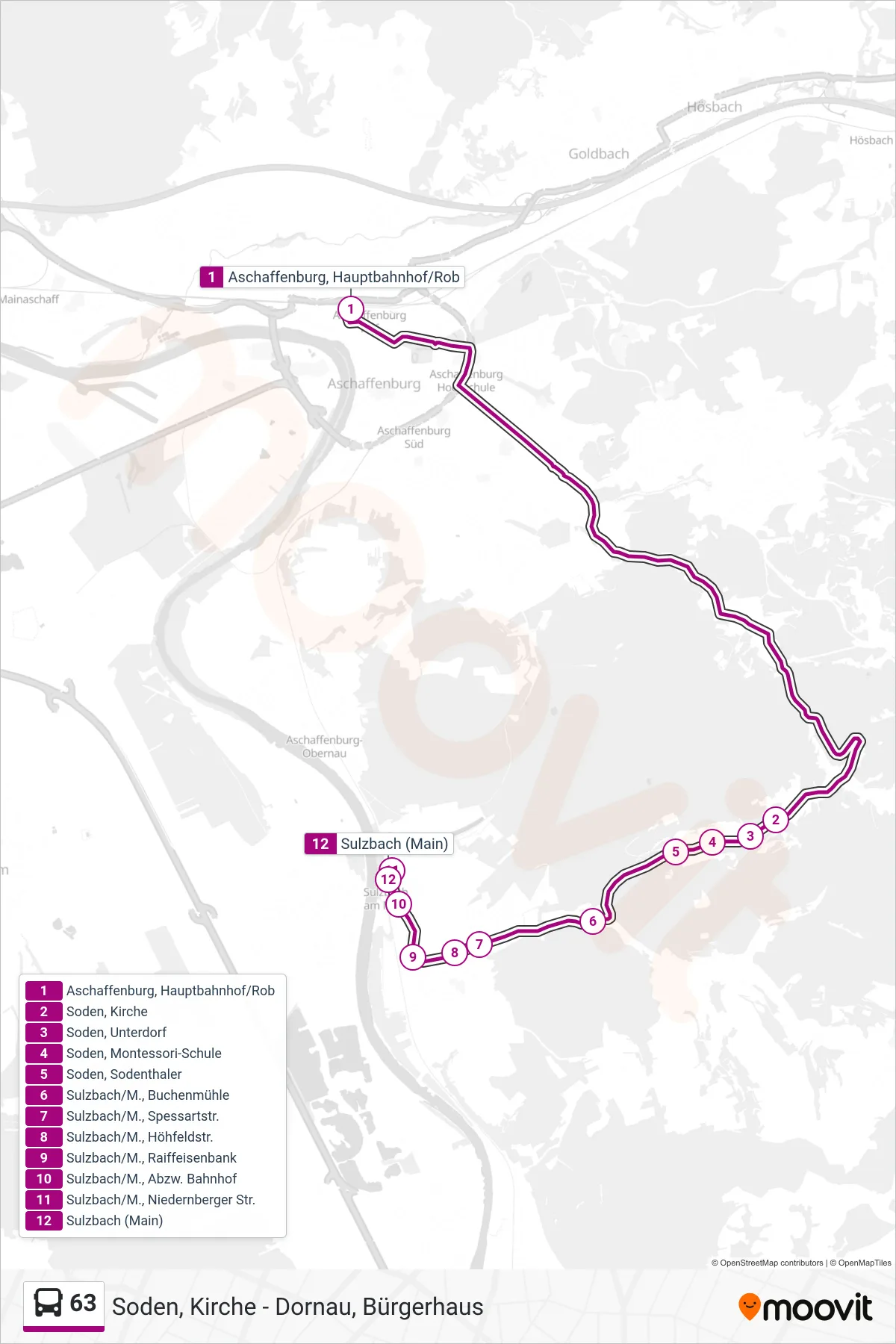 63 bus Line (Sulzbach Bhf.) route and stops on a map