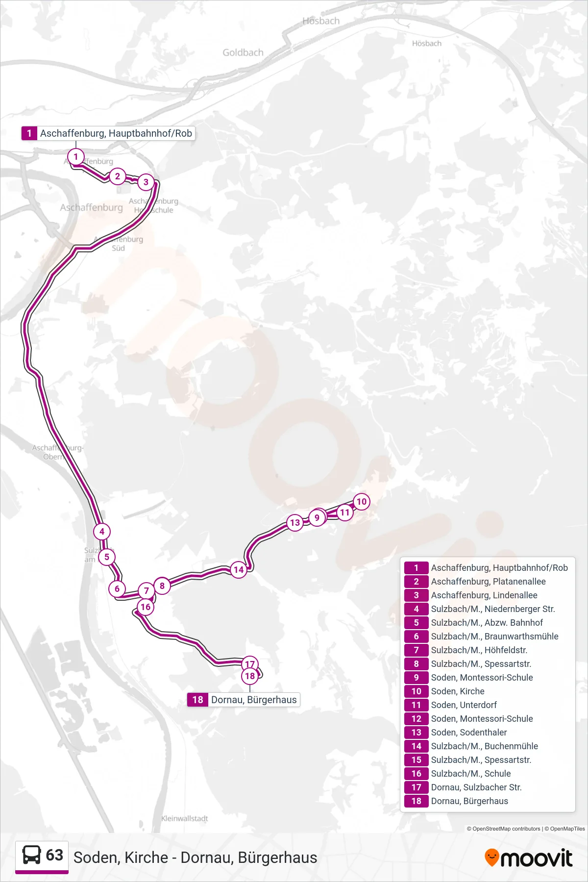 63 bus Line (Dornau, Bürgerhaus) route and stops on a map
